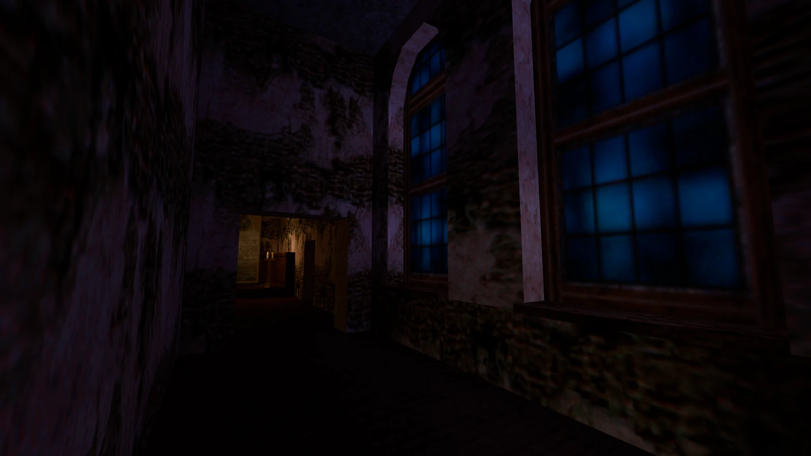 Captura del juego mostrando un pasillo oscuro con paredes texturizadas y ventanas azules brillantes en el mod They Hunger Rebuild