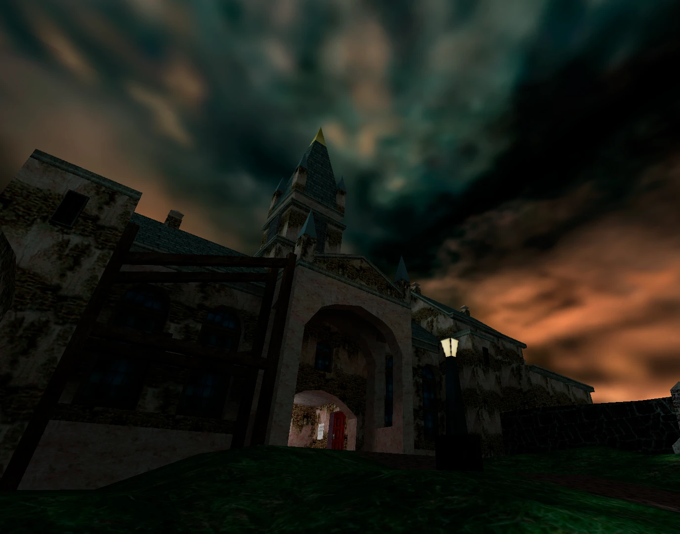 Entrada oscura y escalofriante de mansión bajo cielo tormentoso iluminada por farola en They Hunger Rebuild