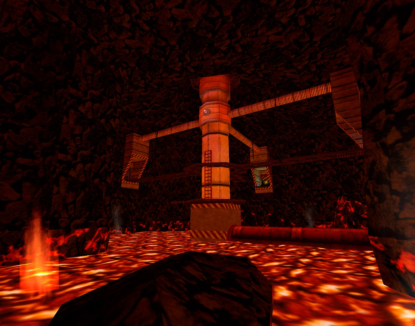 Vista en primera persona dentro de una cueva de lava ardiente con pilar central, tuberías y escaleras en el mod They Hunger Rebuild