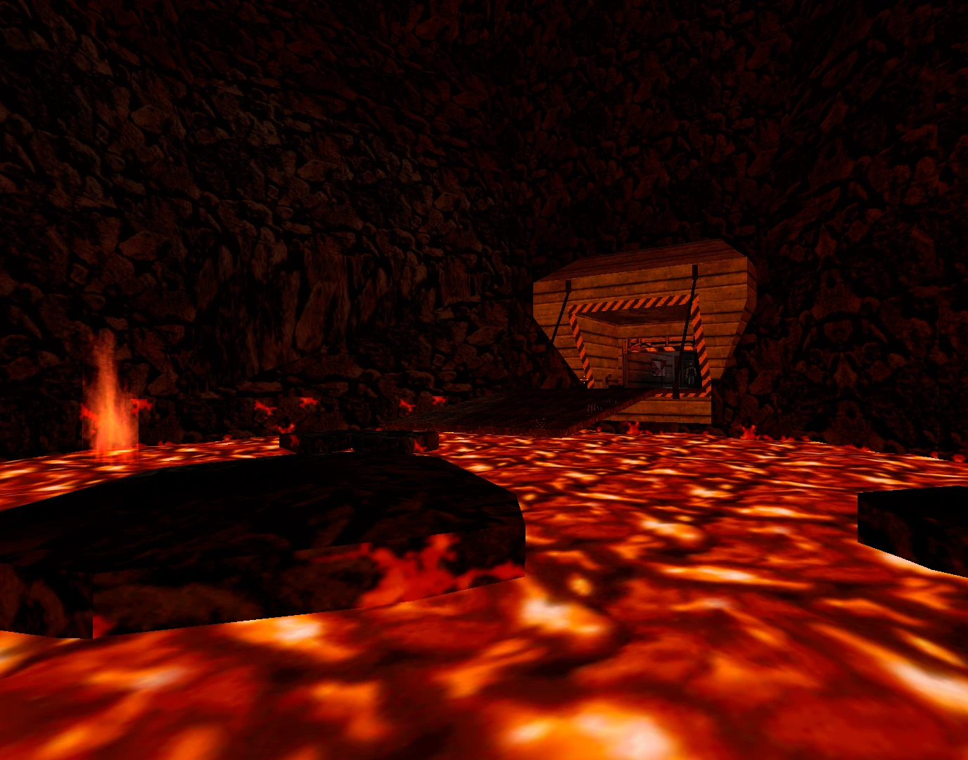 Caverna oscura y rocosa con lava fluyendo y una entrada de estructura de madera en el mod They Hunger Rebuild