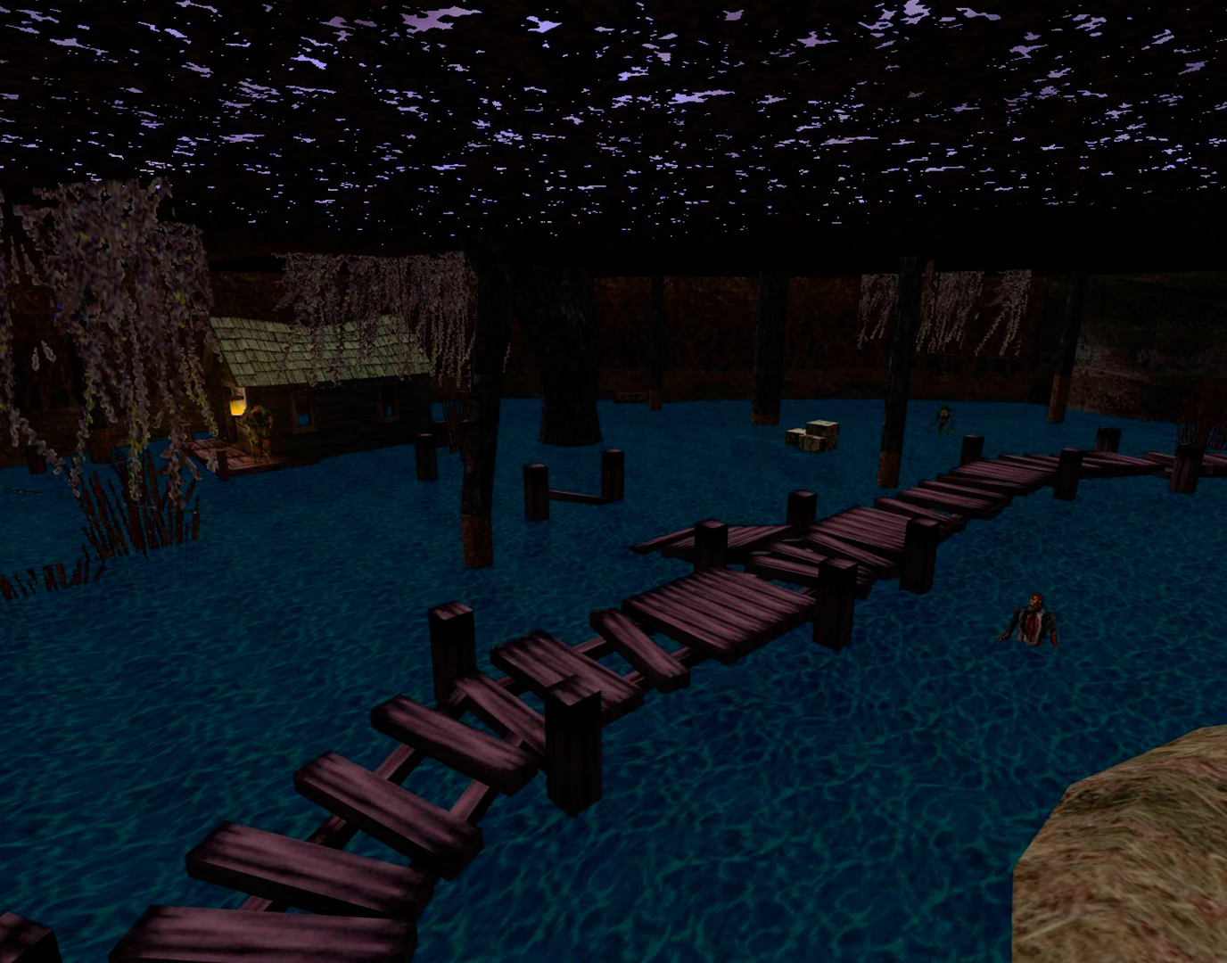 Vista de un pantano oscuro con un muelle de madera roto y una cabaña iluminada por una linterna en el mod They Hunger Rebuild