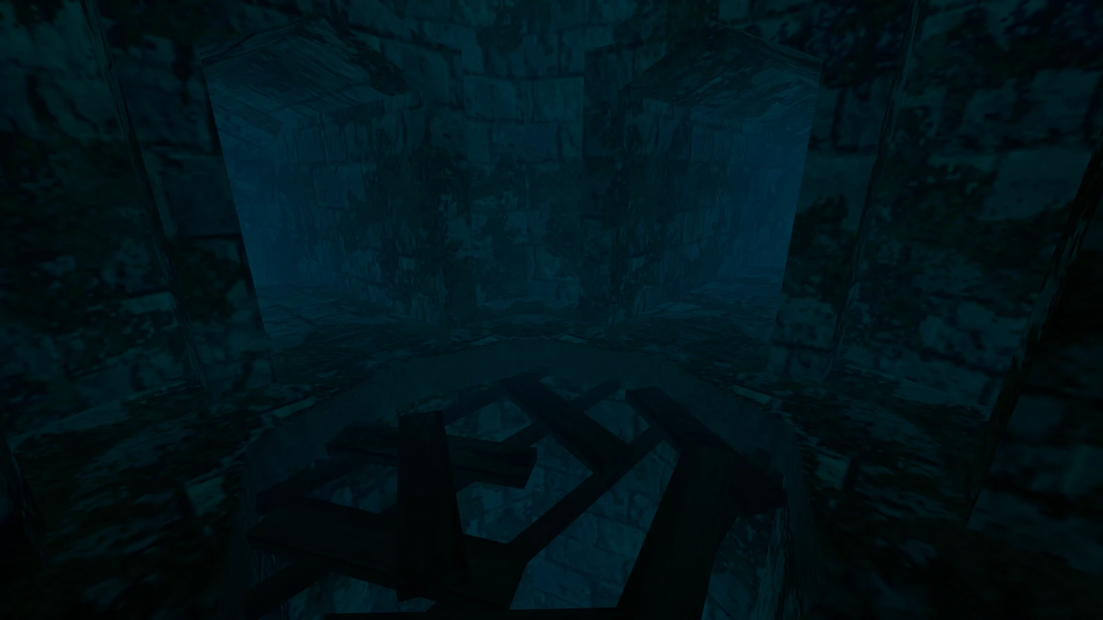 Ruinas de piedra submarinas con vigas de madera rotas en una atmósfera oscura y tenebrosa del mod They Hunger Rebuild