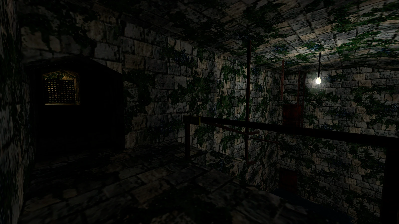 Pasillo de piedra con musgo en las paredes y barandilla oxidada con poca luz en el mod They Hunger Rebuild para Half-Life