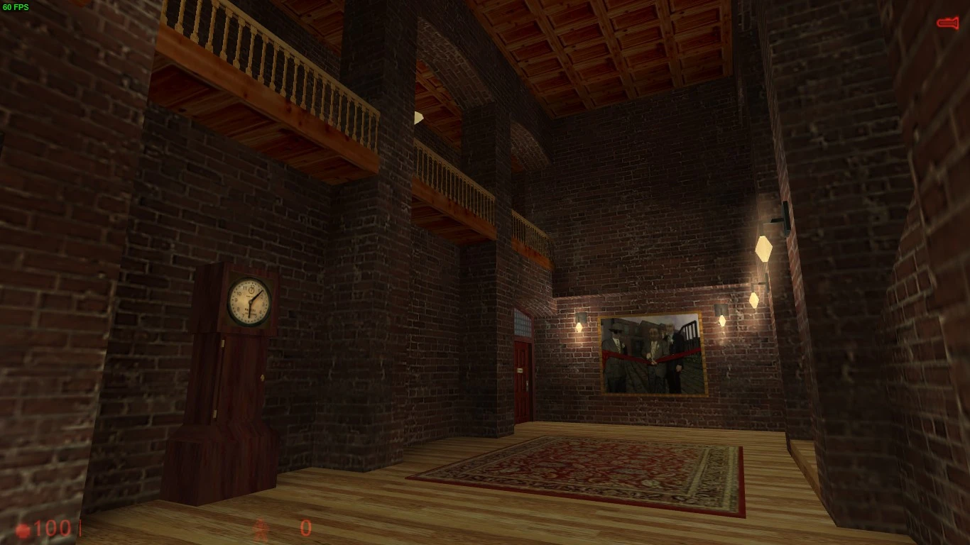 Captura del juego mostrando un pasillo de ladrillo oscuro con suelo de madera, reloj vintage, alfombra y pintura en la pared