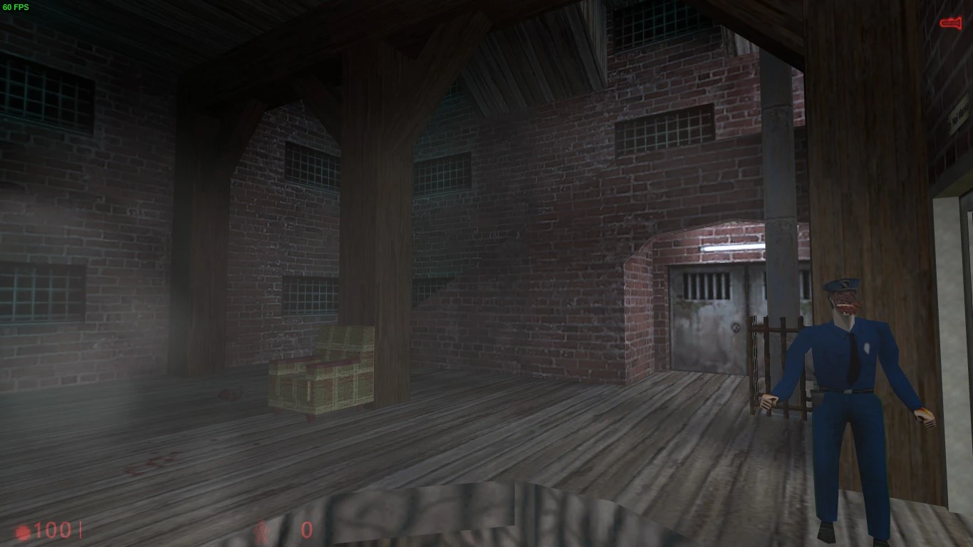 Habitación débilmente iluminada con madera y ladrillo, niebla, sillón viejo y policía zombi junto a puerta metálica