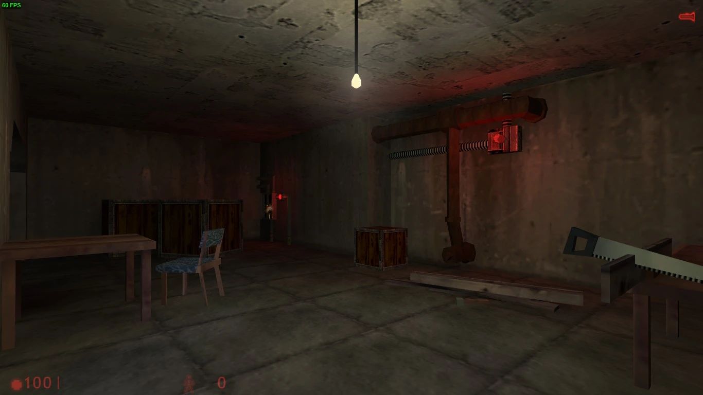 Captura de pantalla del juego de un sótano tenuemente iluminado con cajas de madera, una silla, un banco de trabajo y maquinaria iluminada en rojo en They Hunger Relit