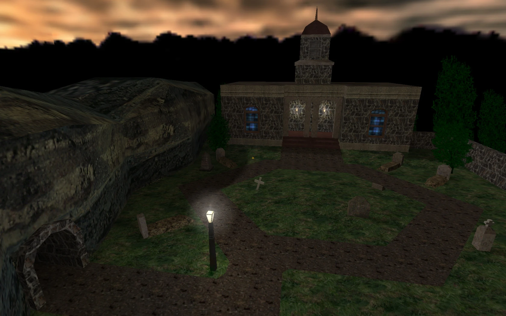 Vista nocturna de un cementerio con iglesia y farola – del mod They Hunger Trilogy
