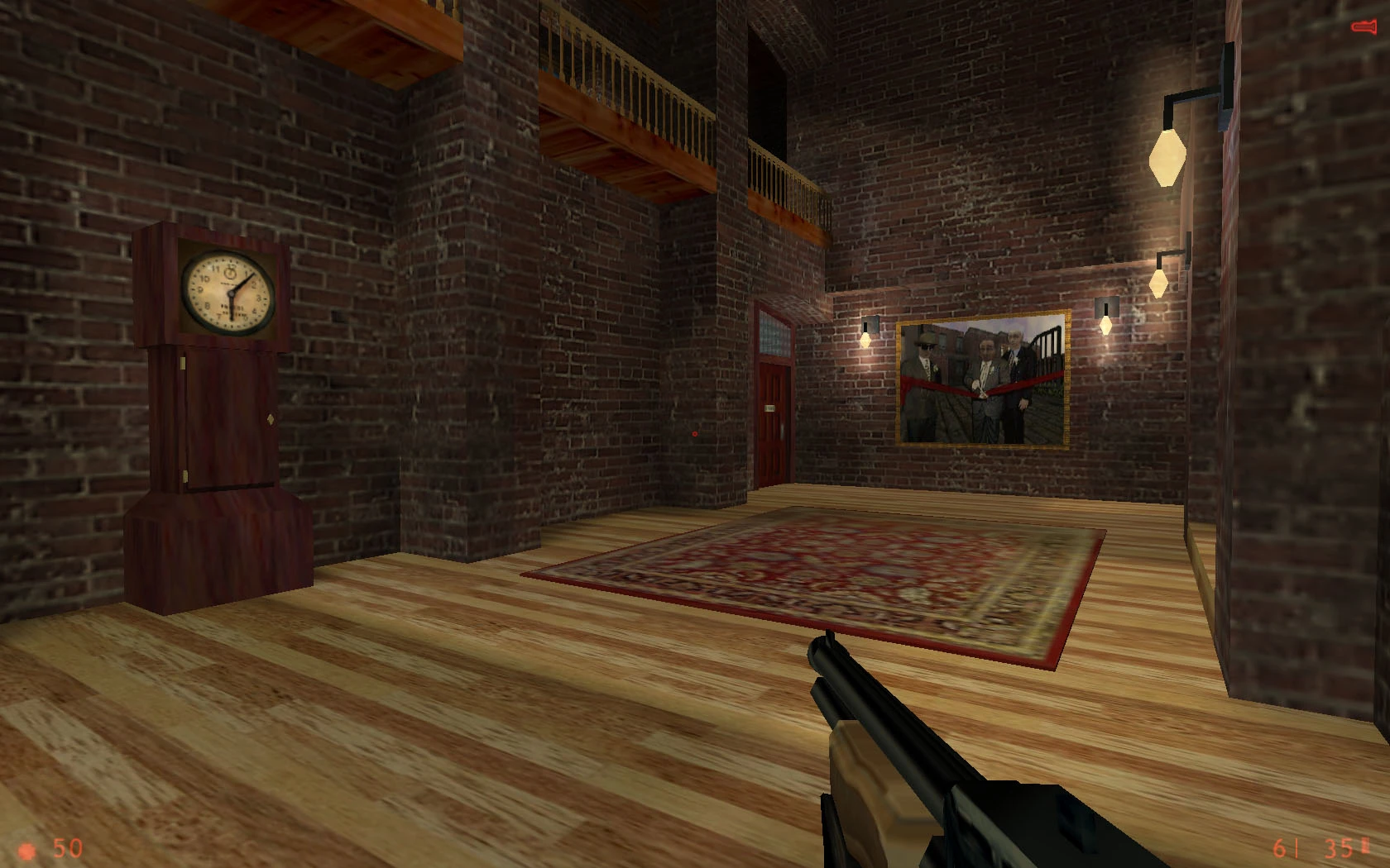 Vista en primera persona de un salón de ladrillo con suelo de madera, reloj antiguo y cuadro en el mod They Hunger Trilogy