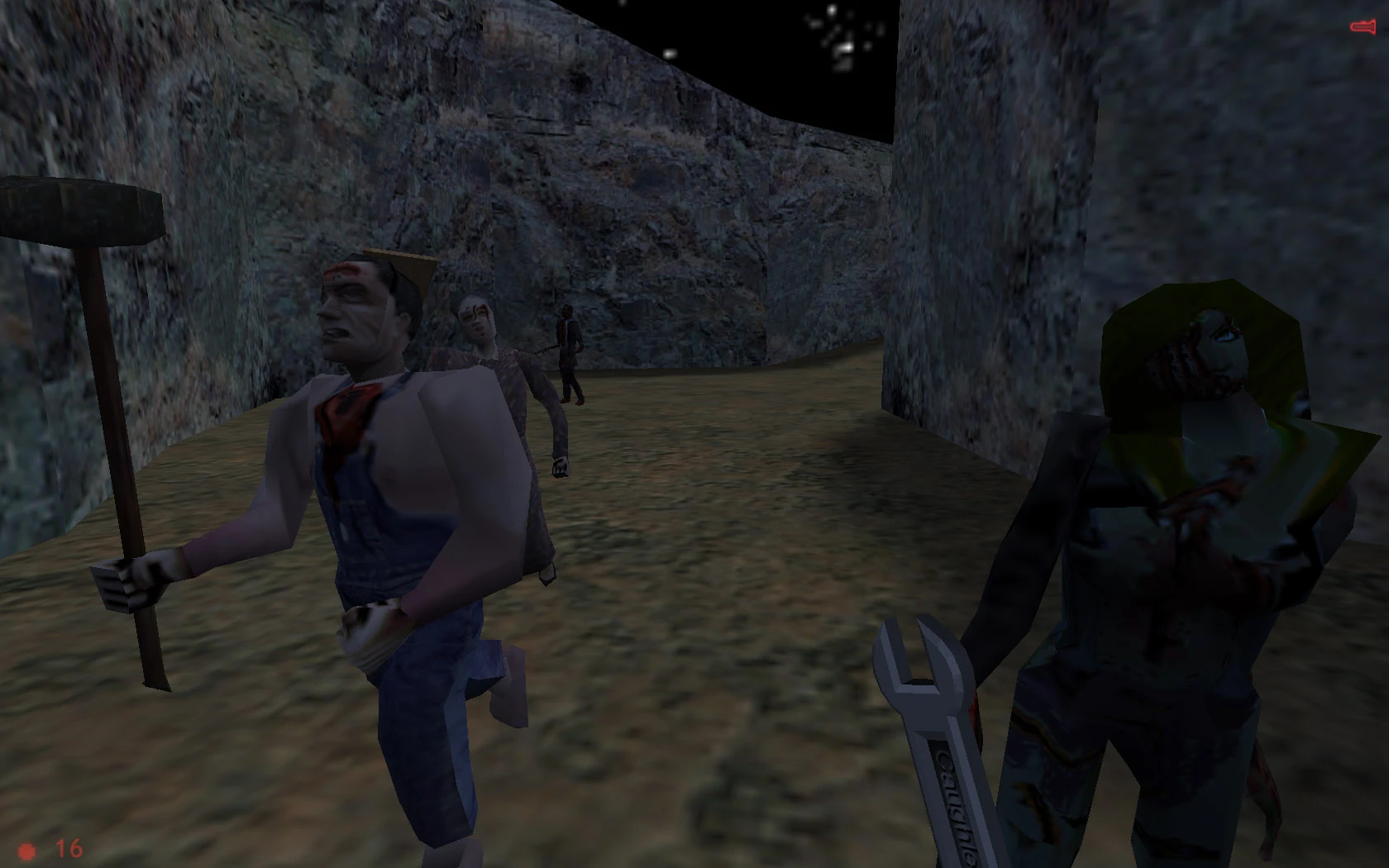 Vista en primera persona con una llave inglesa enfrentando zombis en un cañón en Half-Life con el mod They Hunger Trilogy