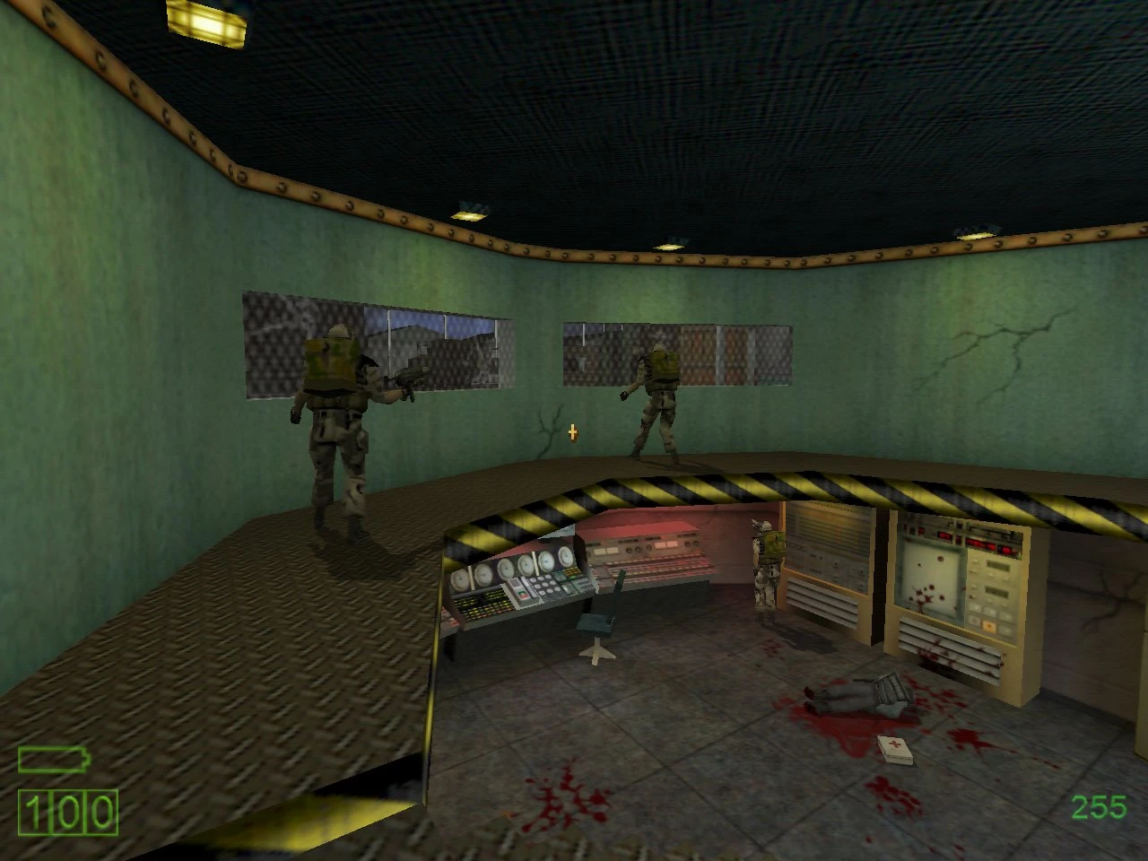 Interior Half-Life Triphammer mod screenshot showing armed soldiers in green room overlooking control panel area with blood stains