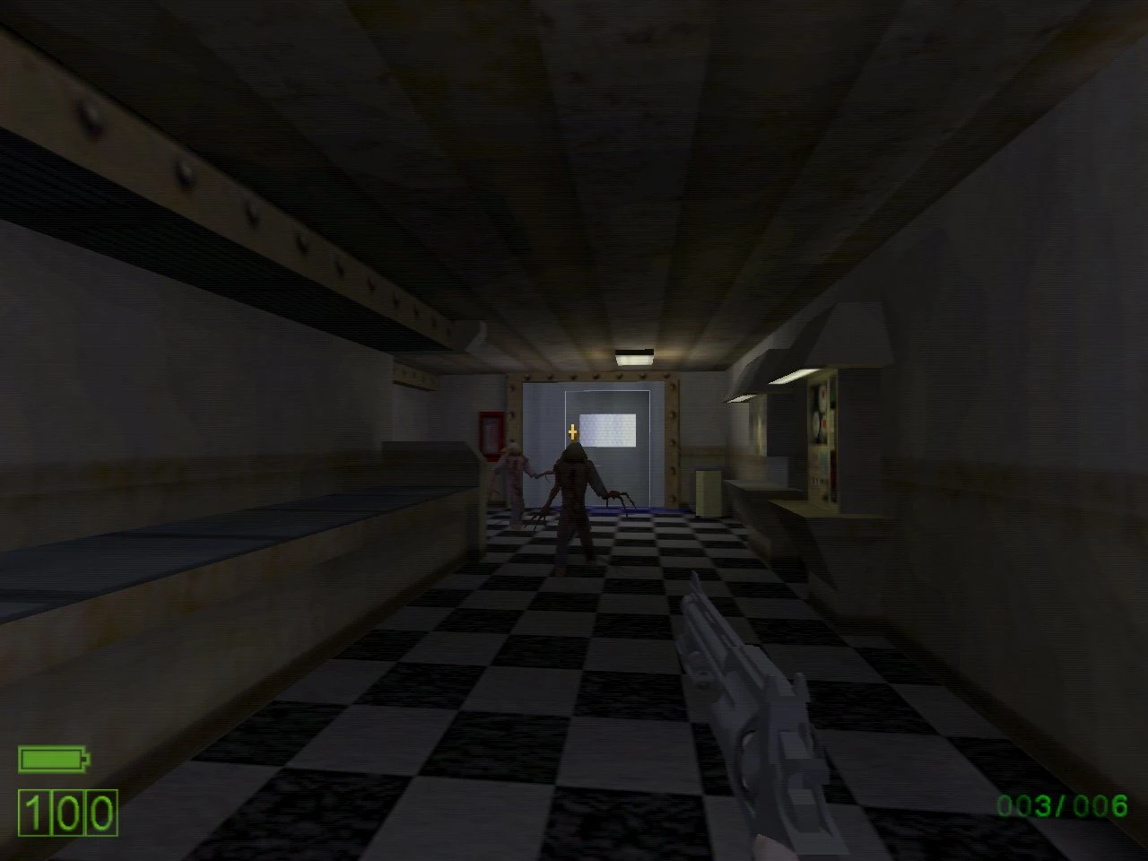 First-person view showing a gun aimed at two hostile creatures in a dimly lit tiled corridor in Half-Life Triphammer