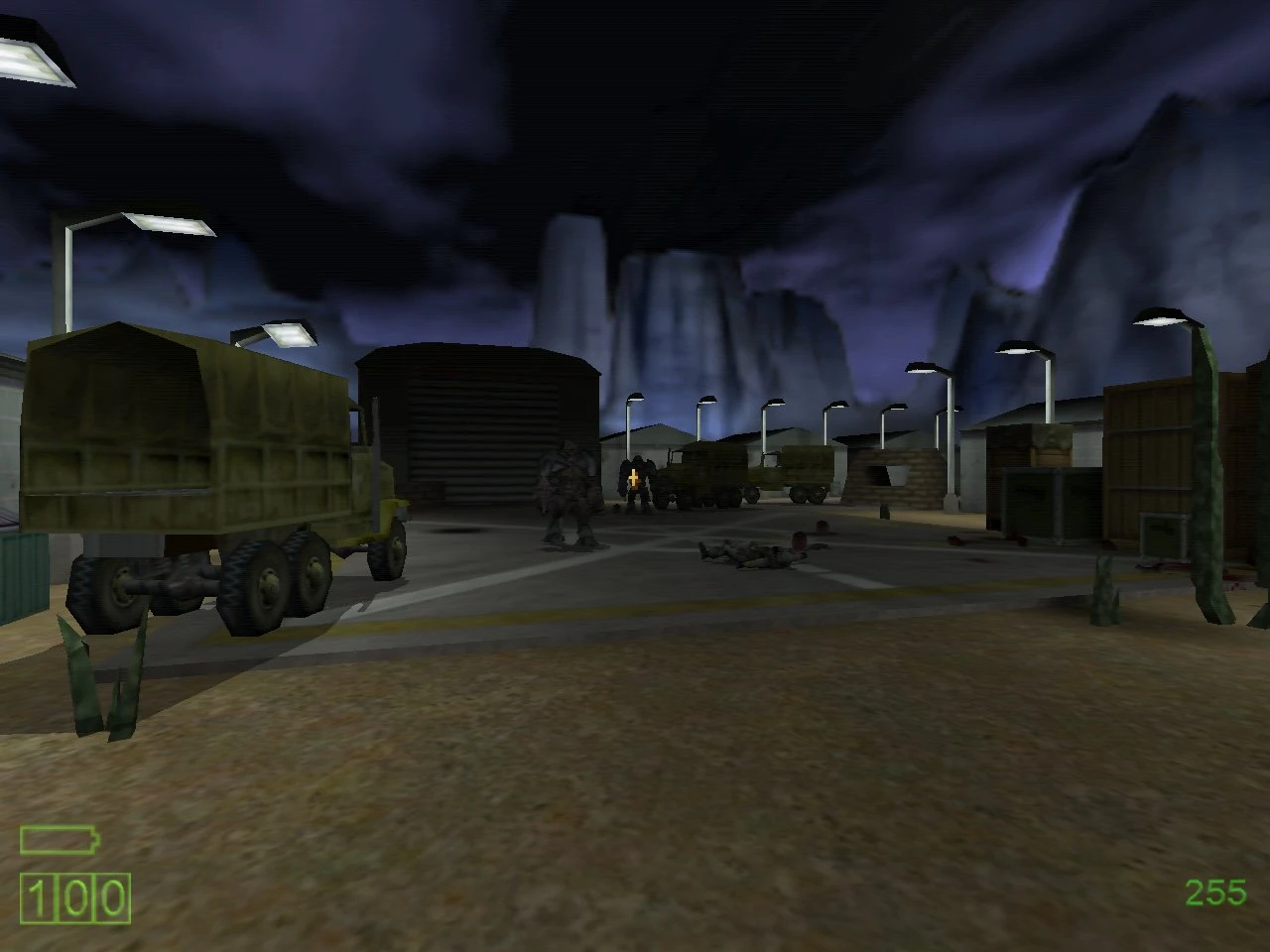 Dimly lit military base at night with parked trucks and armed soldiers visible in Half-Life Triphammer mod