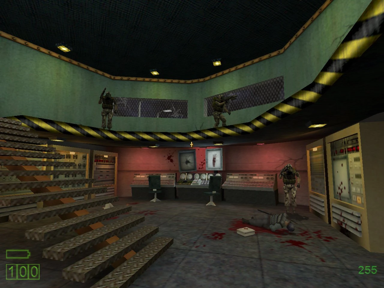 Screenshot from Half-Life Triphammer mod showing armed soldiers in a control room with blood stains and a fallen soldier