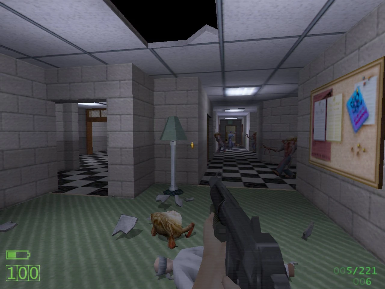 Player holds a shotgun facing undead enemies in a tiled hallway with broken papers in Half-Life Triphammer mod