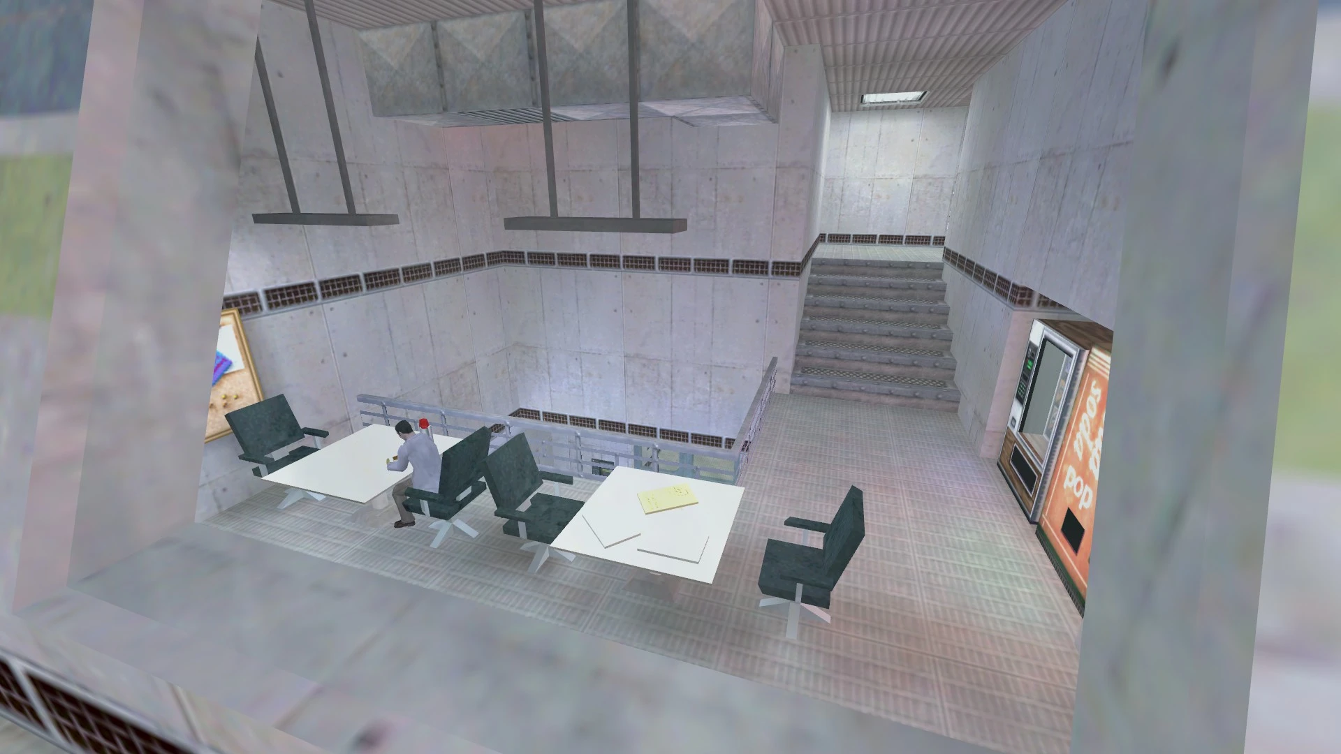 View of a white tiled lab break room with tables, chairs, vending machine, and a character sitting at a table in Half-Life mod