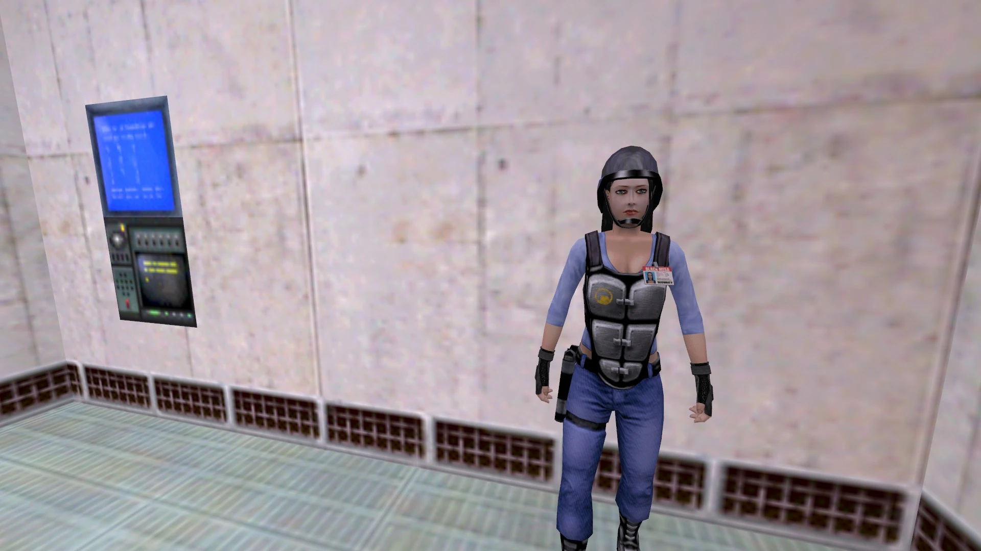 Screenshot shows a female security guard NPC in a Half-Life game mod Update Residual Point standing in front of a beige wall with a blue control panel