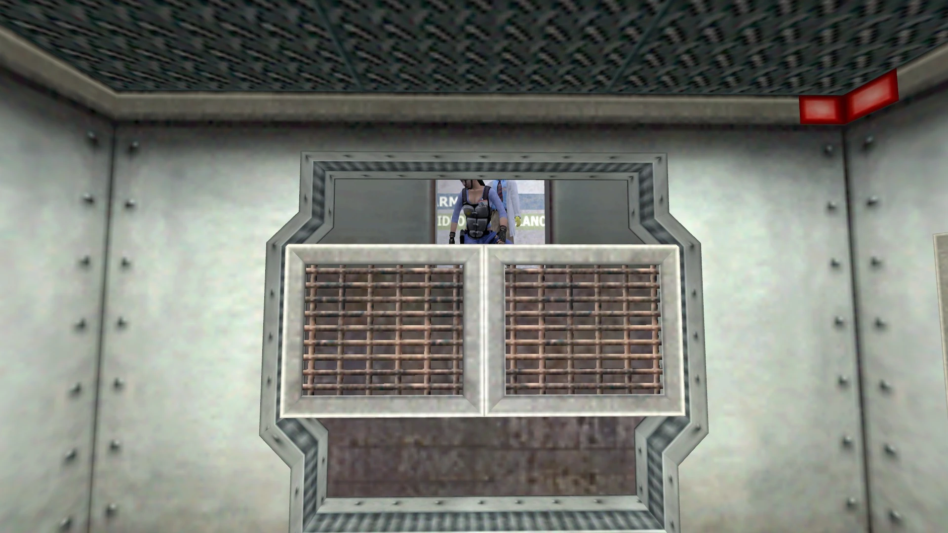 View through secured metal ventilation hatch showing characters in background in Half-Life mod Update Residual Point