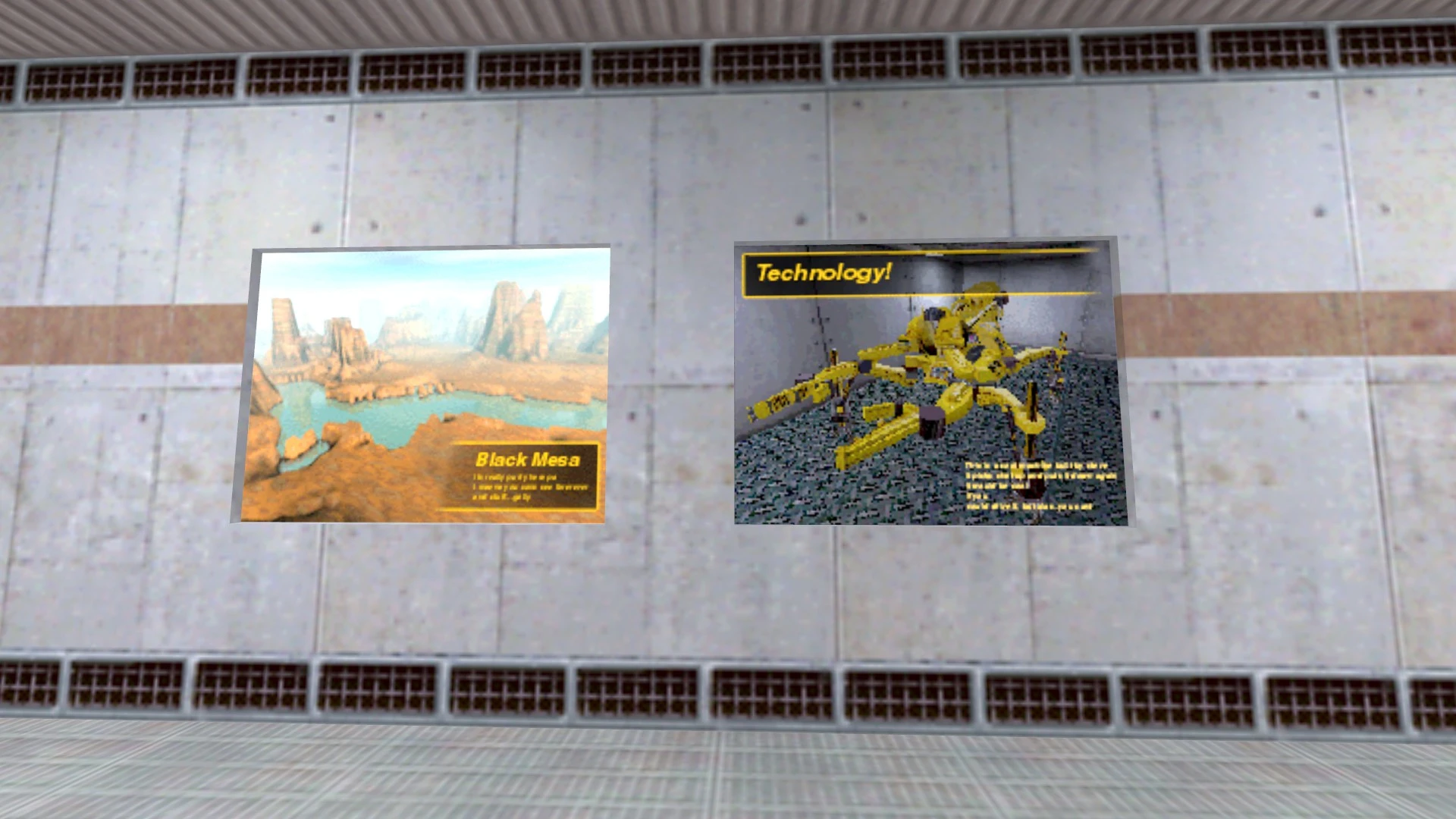 In-game Half-Life screenshot showing two posters depicting Black Mesa landscape and technology setup