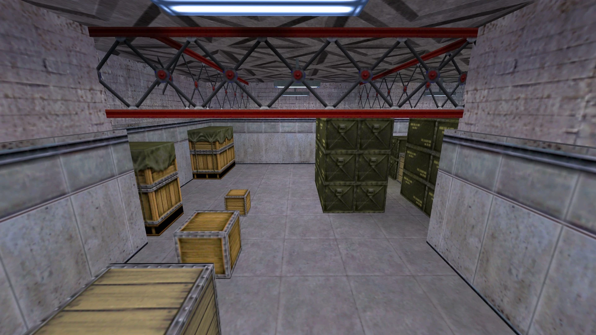 Interior view of a Half-Life 1998 mod Residual Point showing a concrete storage room with wooden and metal crates