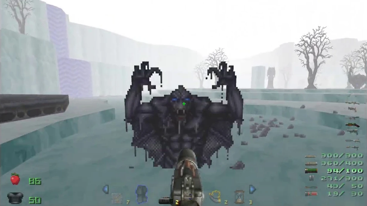 Вид від першої особи з прицілом на темного літаючого ворога у туманній похмурій місцевості з індикаторами здоров'я та боєприпасів