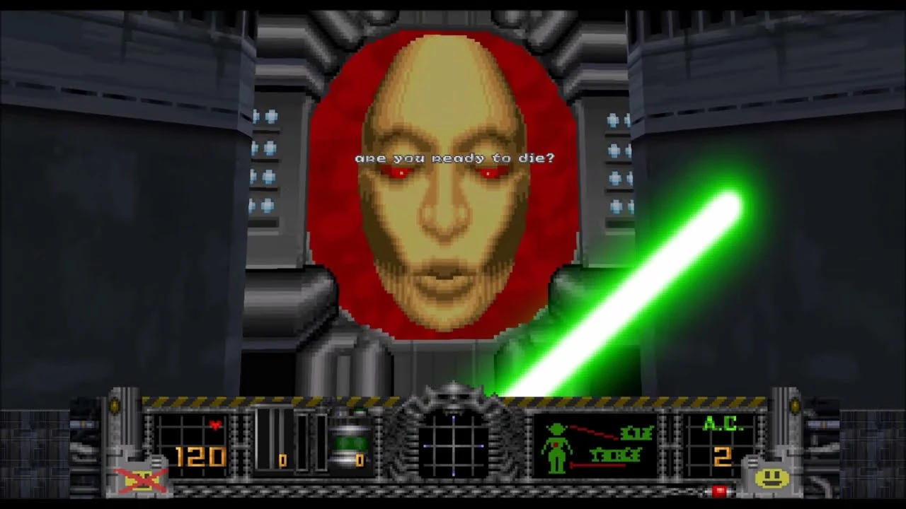 Ігровий екран із піксельним обличчям боса, що запитує «Ти готовий померти?» зі зеленим променем атаки