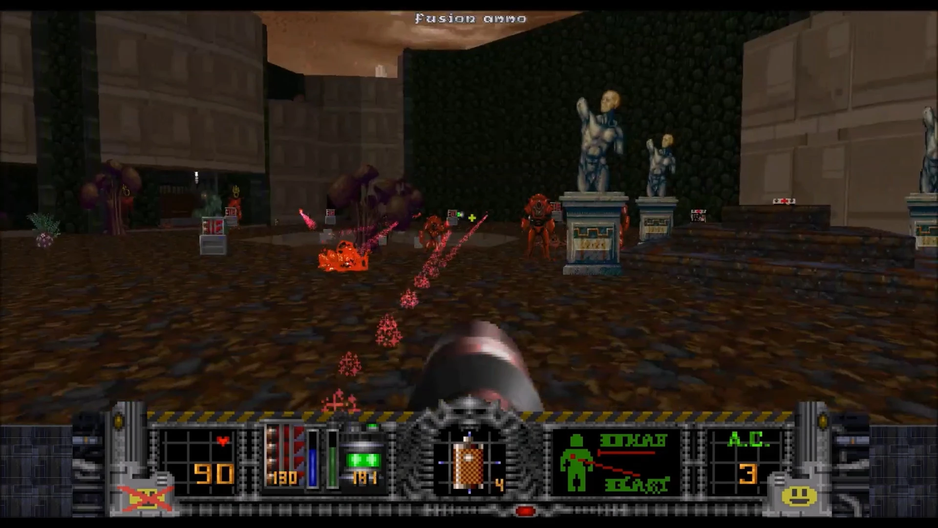 Вид від першої особи в моді Arkista's Ring для Heretic, вогонь по кільком ворогам у темному залі зі статуями