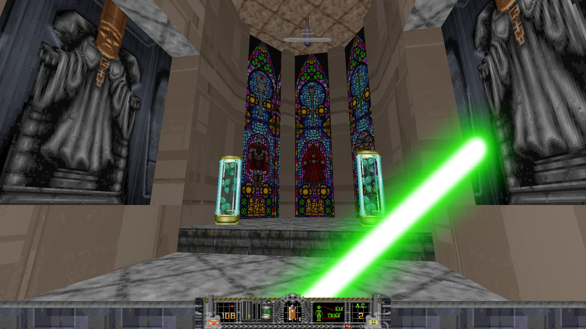 Перспектива гравця на вітражні вікна та світловий зелений енергетичний промінь у моді Arkista's Ring для Heretic