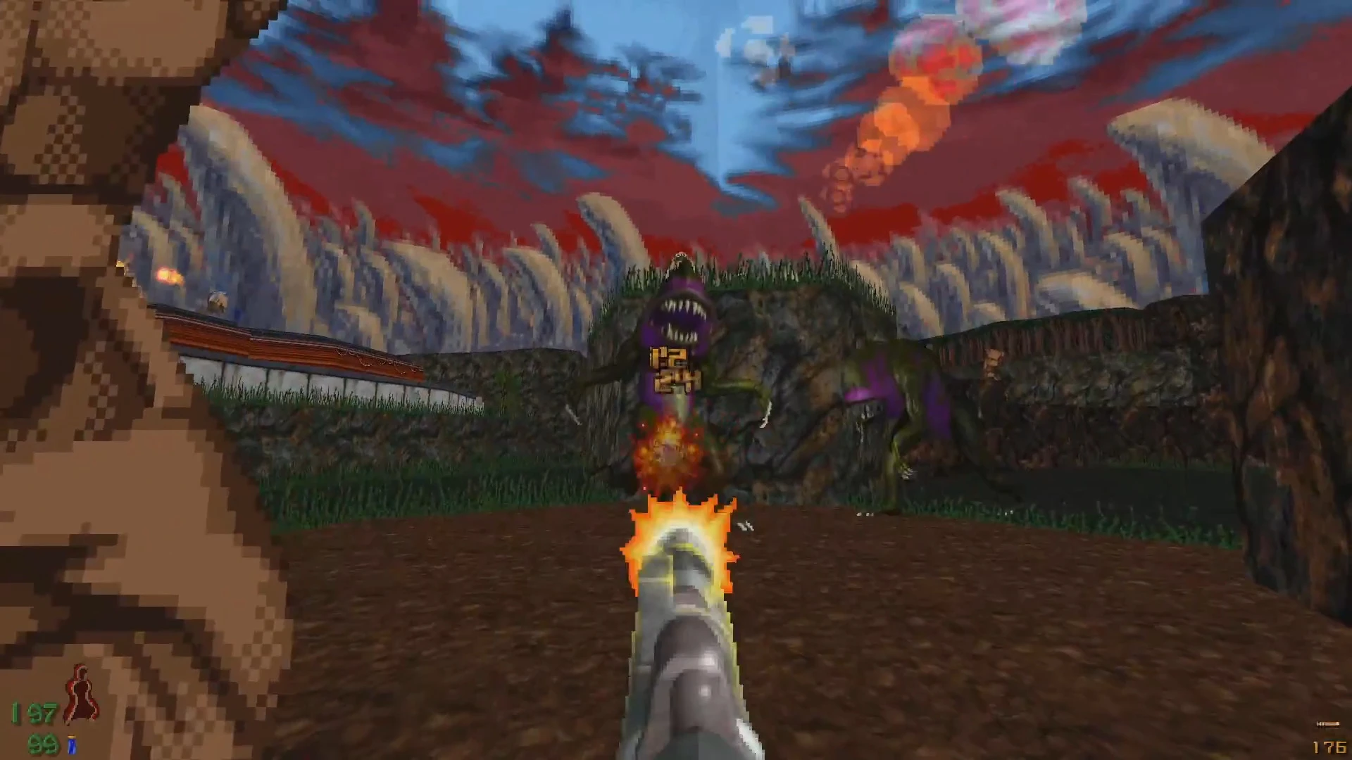 Вогонь із зброї по великому фіолетовому броньованому монстру з вогняними ефектами на кам'яному відкритому просторі гри