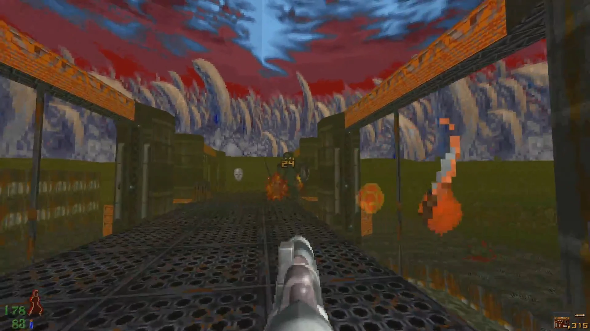 Вид від першої особи в моді Arkista's Ring для Heretic, гравець стріляє в ворога на металевому мосту на тлі червоного неба