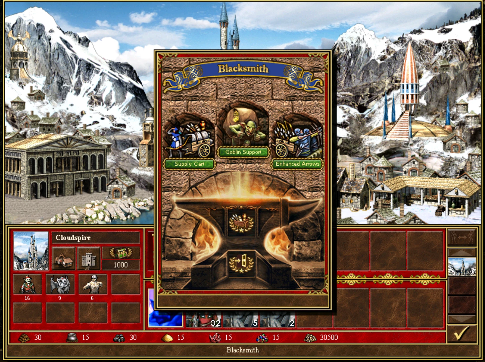 Ігровий екран із варіантами покращення коваля: Supply Car, Goblin Support, Enhanced Arrows на тлі засніжених гір