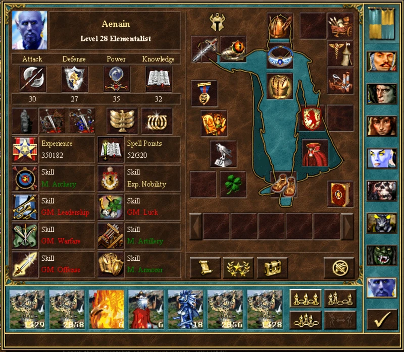 Інтерфейс героя з навичками елементаліста, характеристиками, заклинаннями та армією в моді Advanced Classes