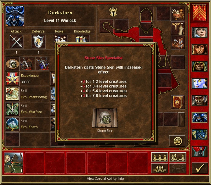 Герой Darkstorn 14 рівня Чарівника застосовує Кам'яну Шкіру з посиленим ефектом для різних рівнів істот у моді Advanced Classes