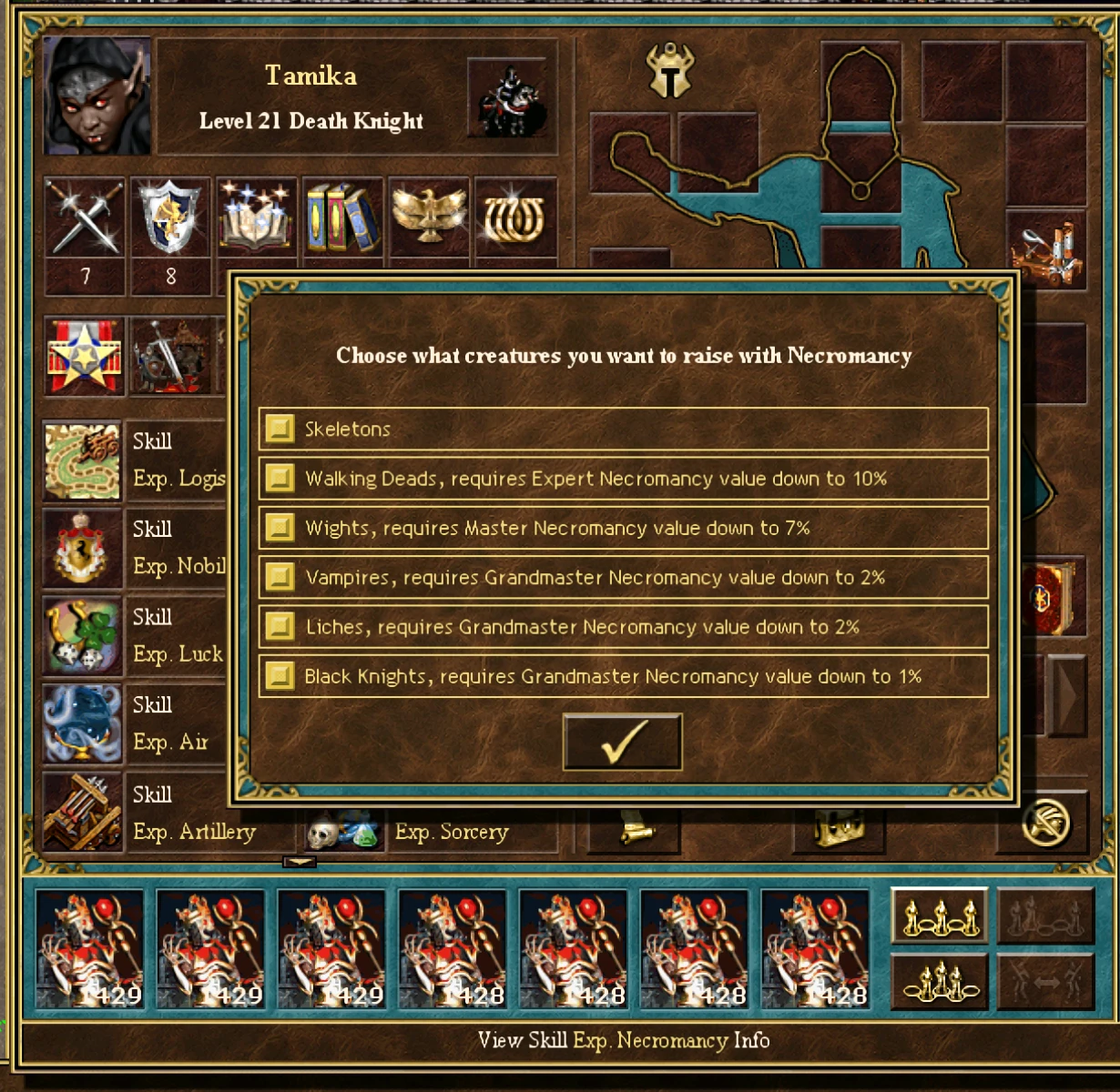 Скріншот з вибором істот некромантії: скелети, вампіри, чорні лицарі в моді Advanced Classes