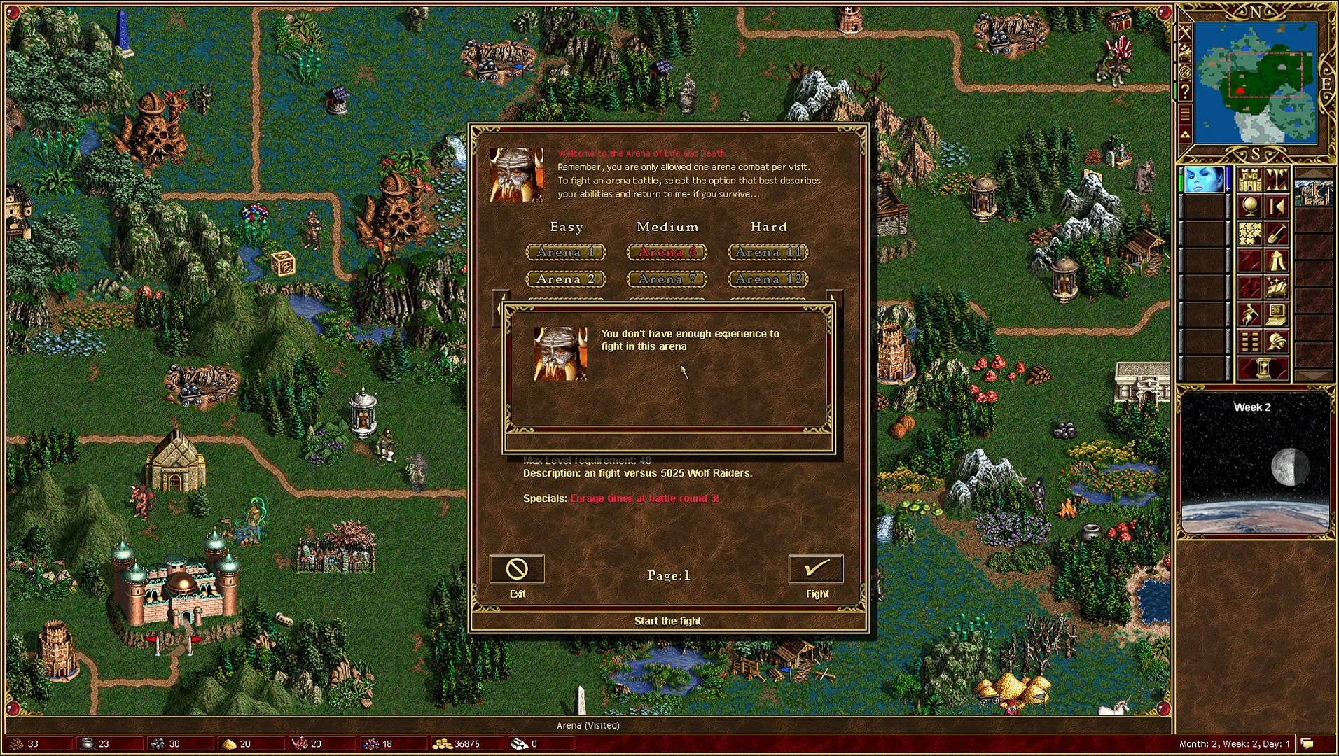 Captura de pantalla mostrando opciones de combate en la arena y mapa en Heroes of Might and Magic III con mod Arena
