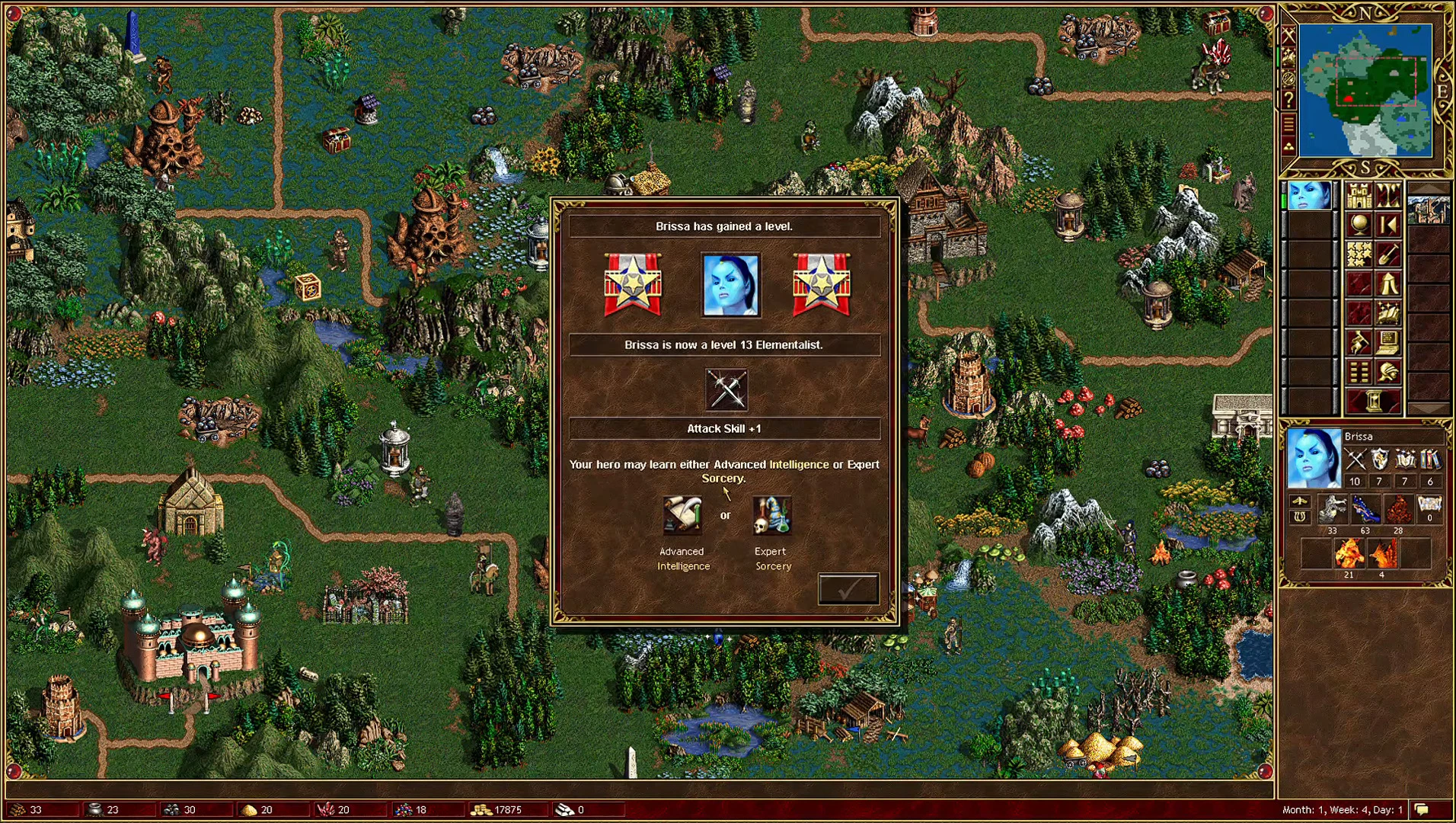 En Heroes of Might and Magic III con mod Arena, el héroe Brissa alcanza nivel 13 Elementalista con opciones de habilidades mostradas