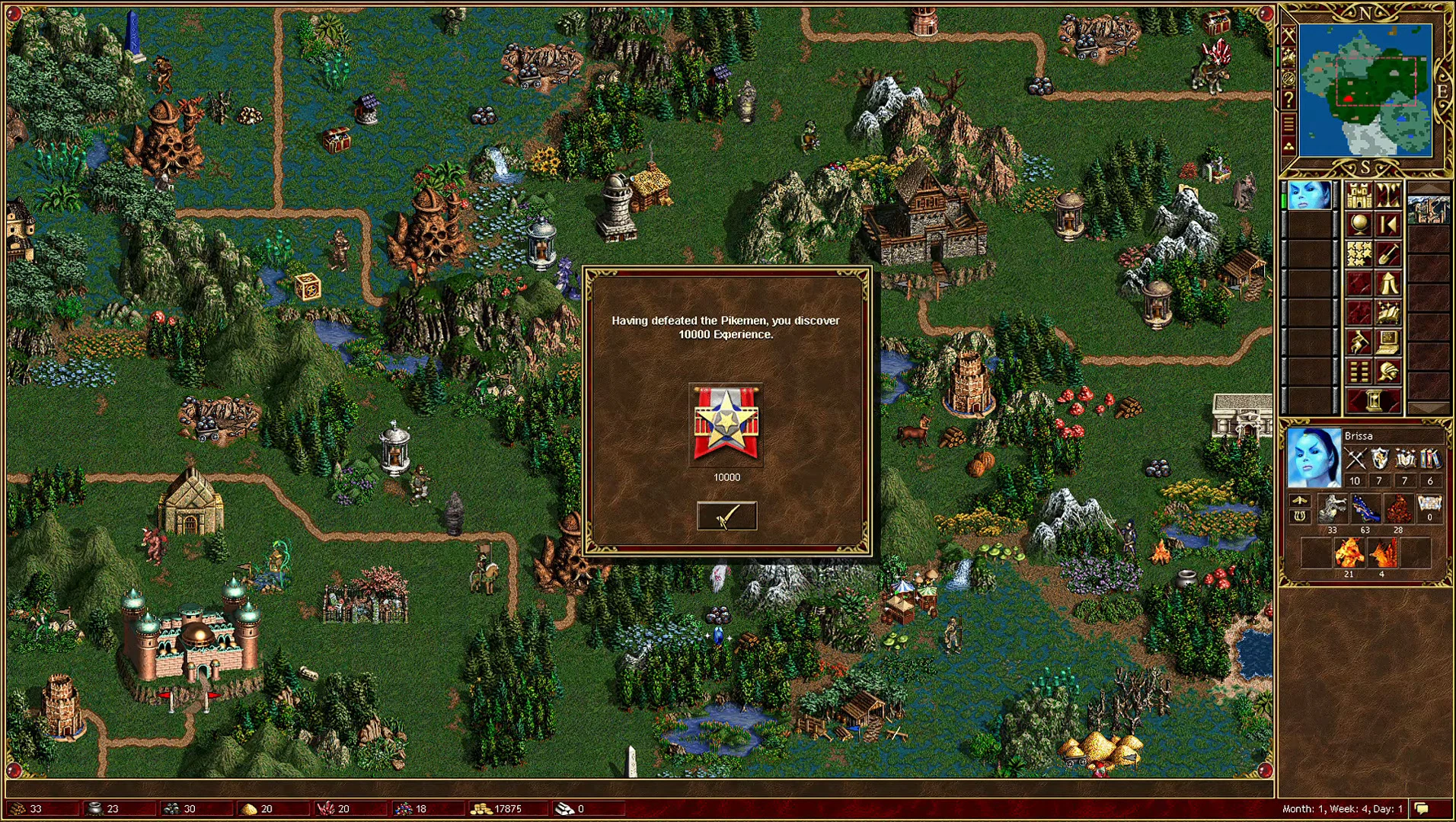 Pantalla del juego mostrando un mapa detallado y un mensaje de felicitación por derrotar a los lanceros