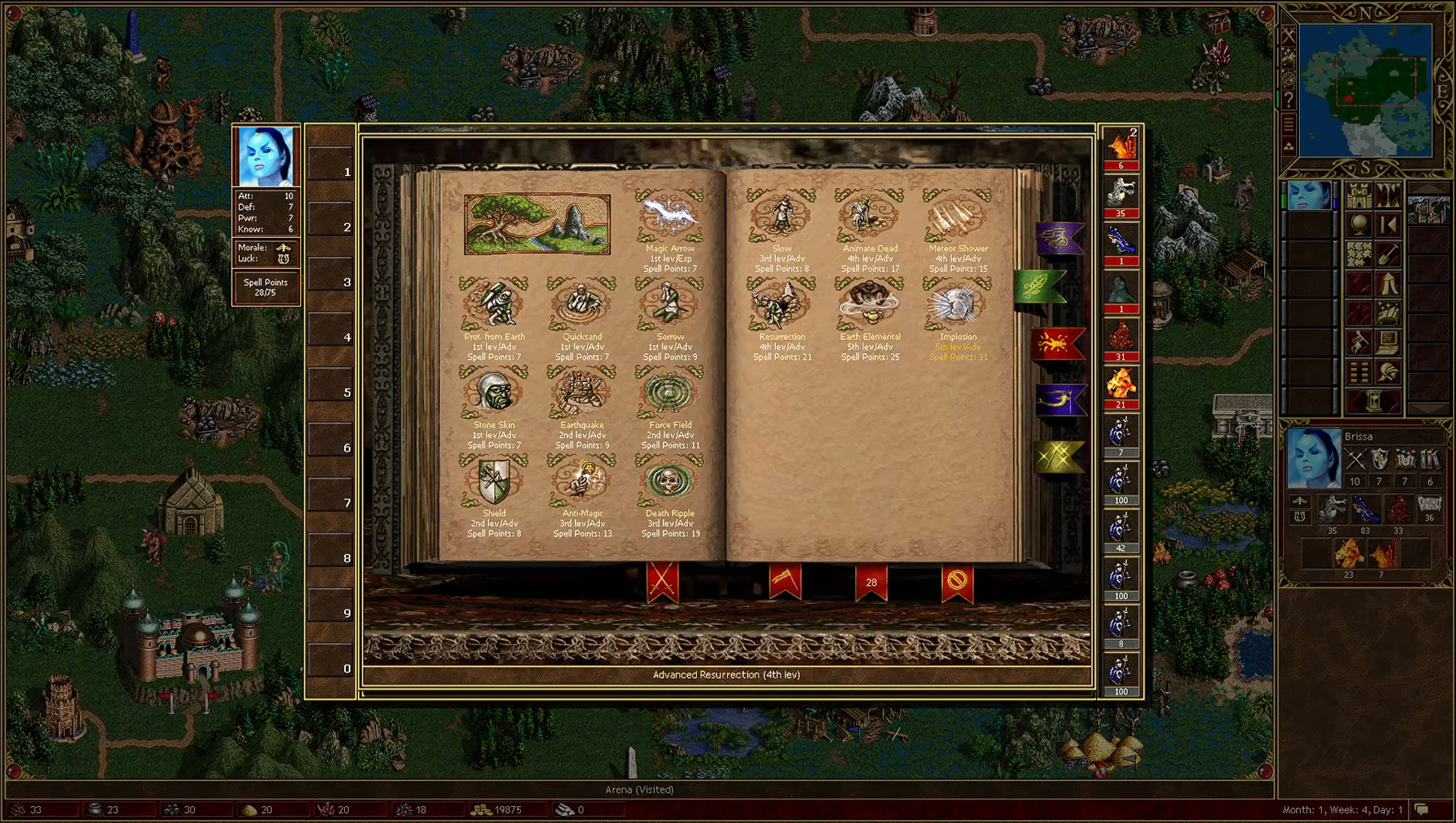 Captura de pantalla del juego Heroes of Might and Magic III mostrando un libro de hechizos con varios hechizos avanzados y detalles del héroe en pantalla