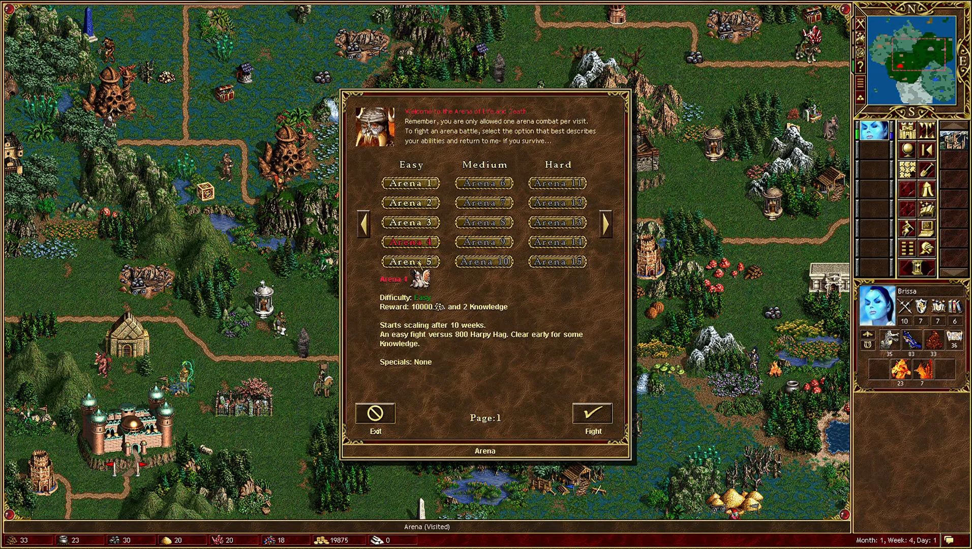 Captura de pantalla del juego Heroes of Might and Magic III con la interfaz del mod Arena y opciones de dificultad de batalla