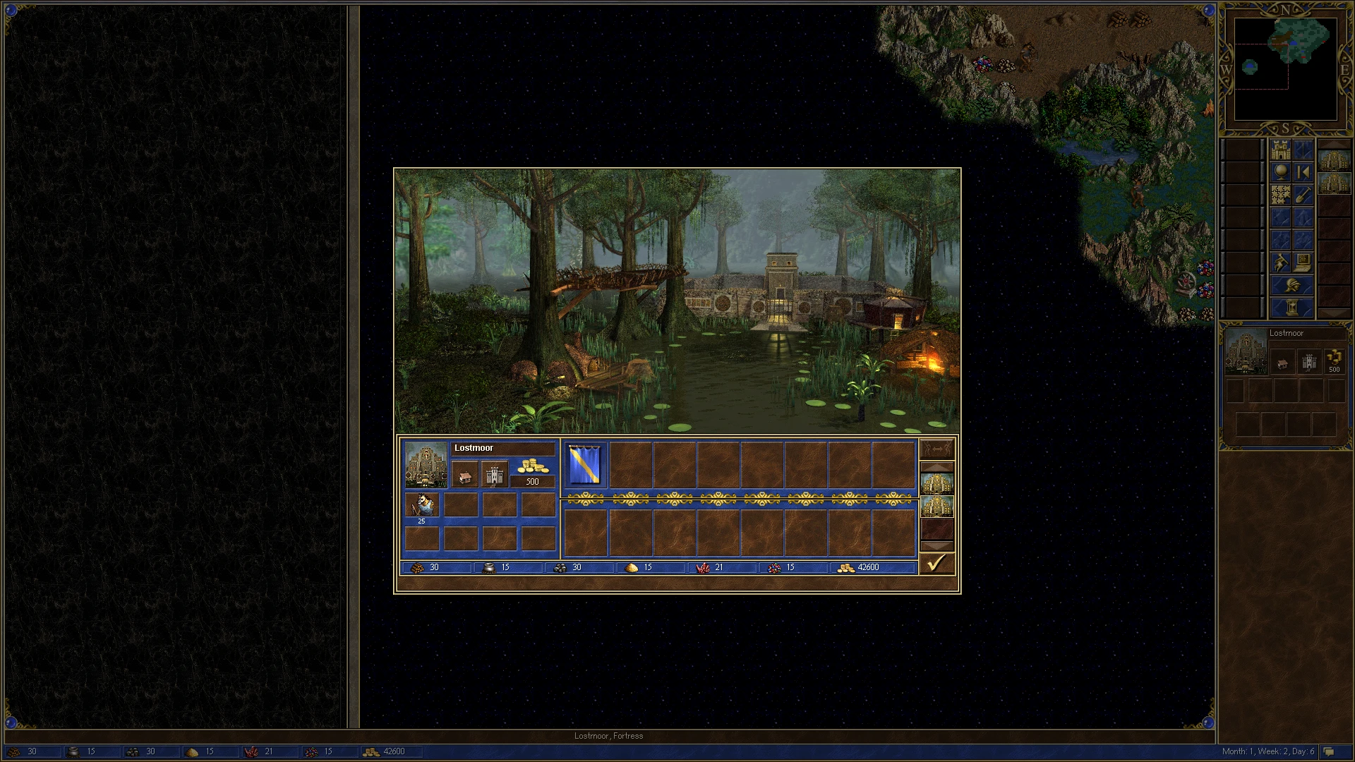 Скриншот крепости под названием Lostmoor на фоне леса и болота в моде Heroes of Might and Magic 3 HD+