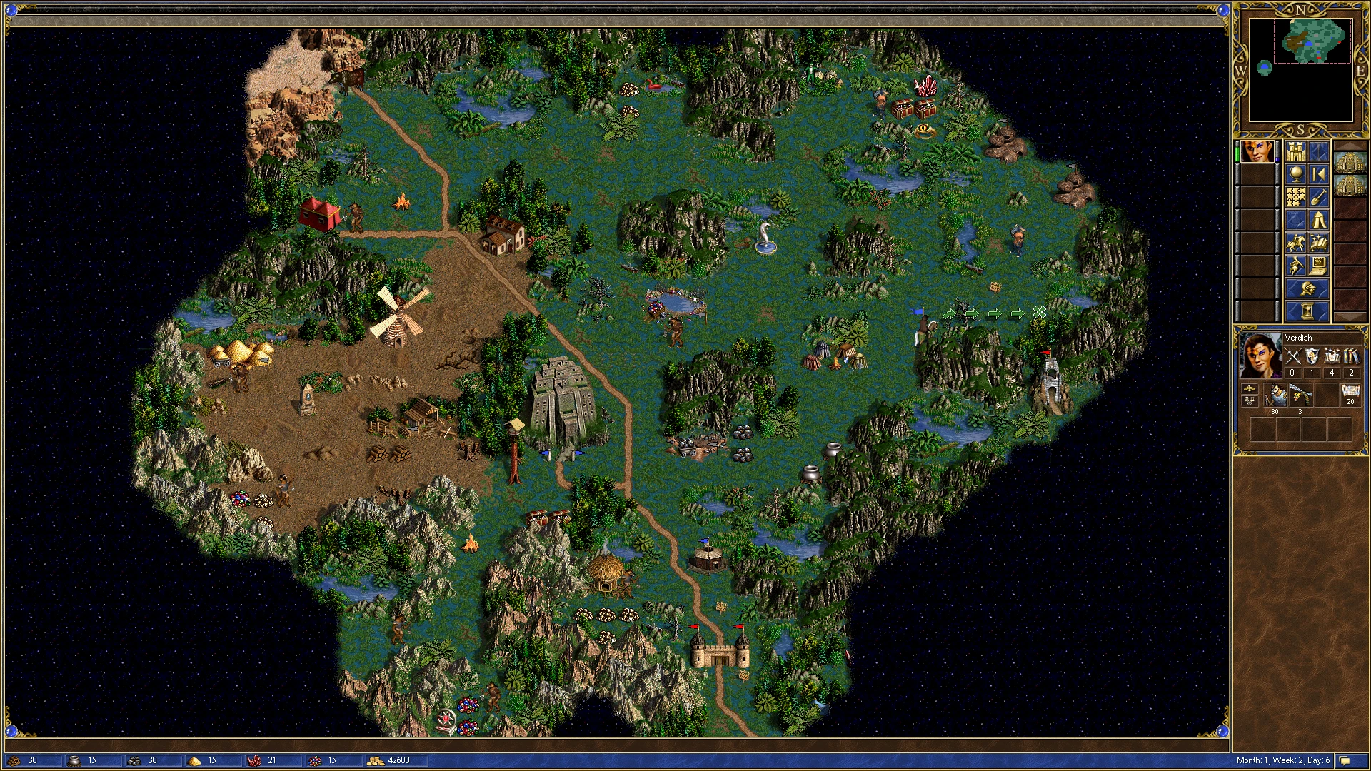 Скриншот игрового процесса Heroes of Might and Magic 3 с героем на большой карте с лесами, горами, ресурсами и зданиями