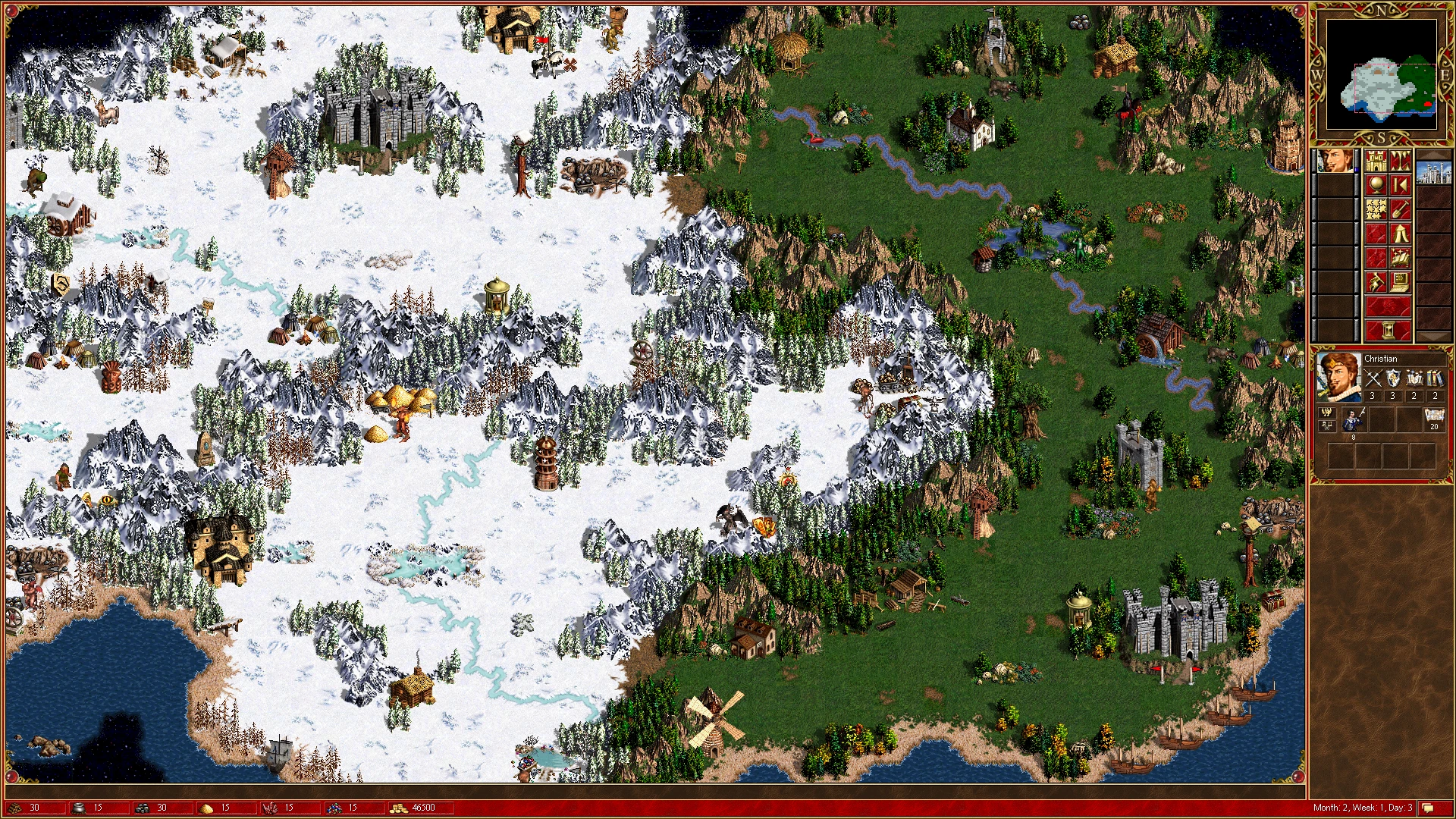 Скриншот игрового процесса с заснеженными и зелеными территориями, зданиями и интерфейсом героя в моде Heroes of Might and Magic 3 HD+