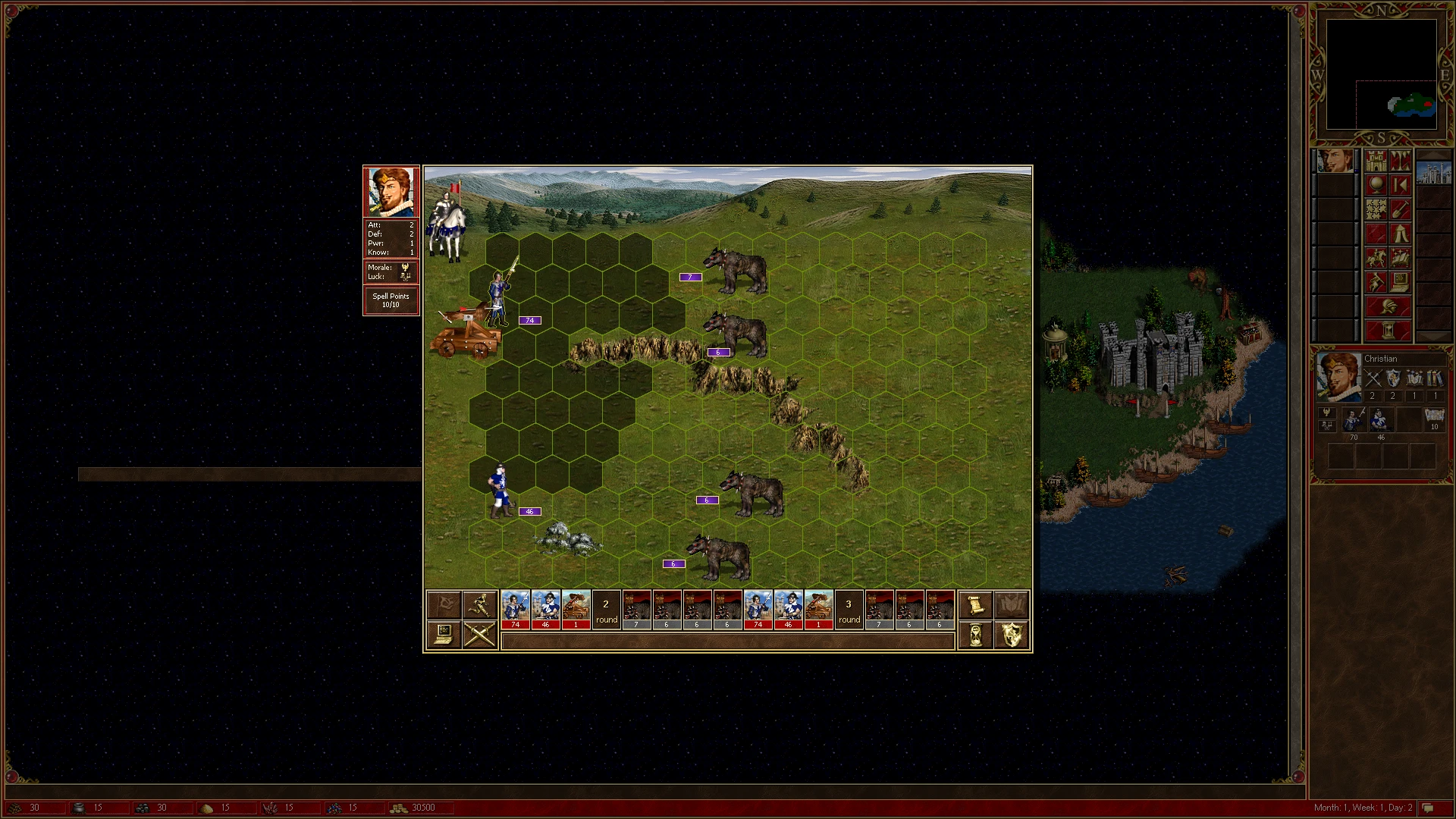 Скриншот тактической битвы в Heroes of Might and Magic 3 с юнитами и гекс-сеткой в HD+ моде