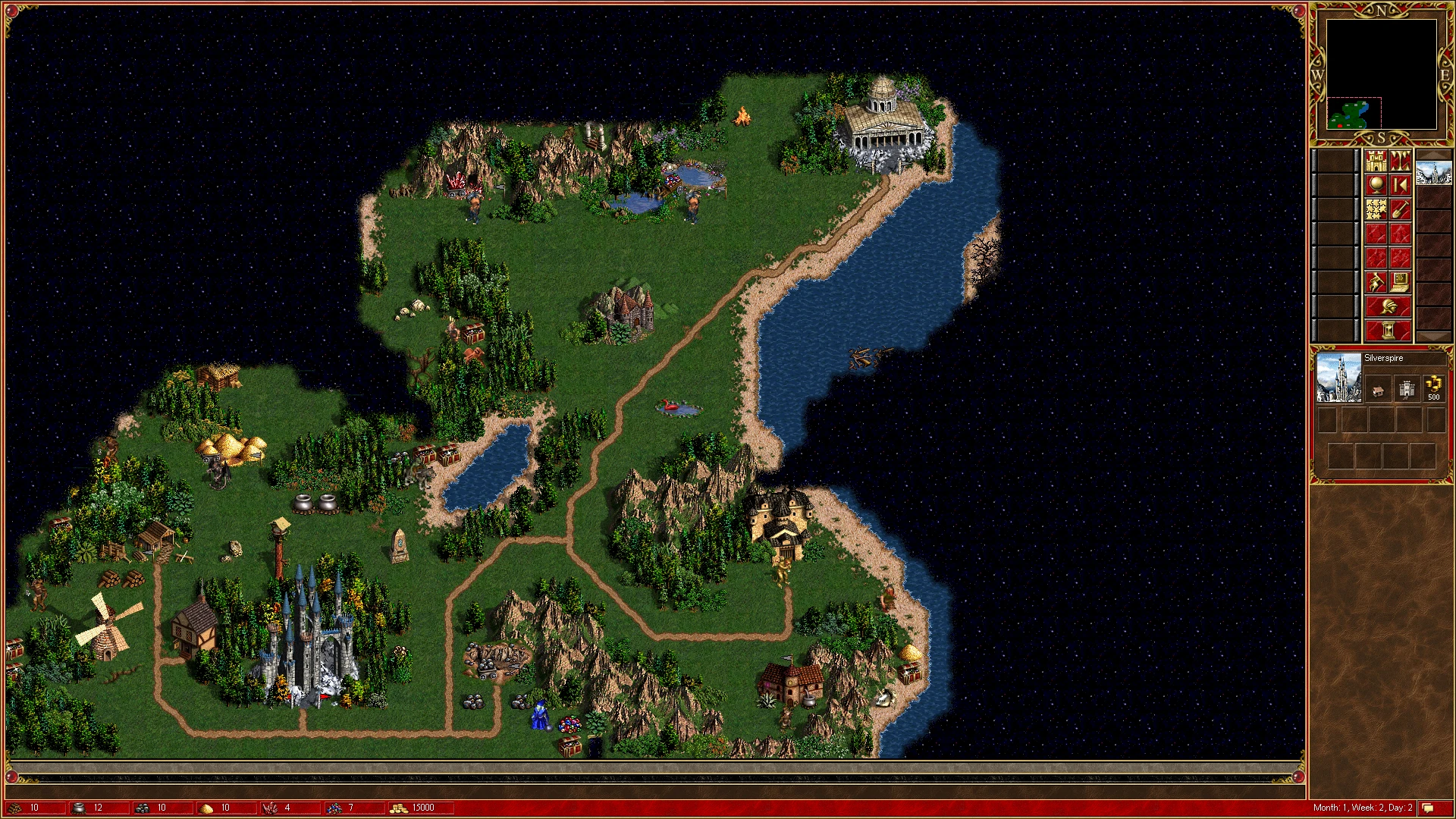 Скриншот детальной стратегической карты мода Heroes of Might and Magic 3 HD+ с ландшафтом, зданиями и героями