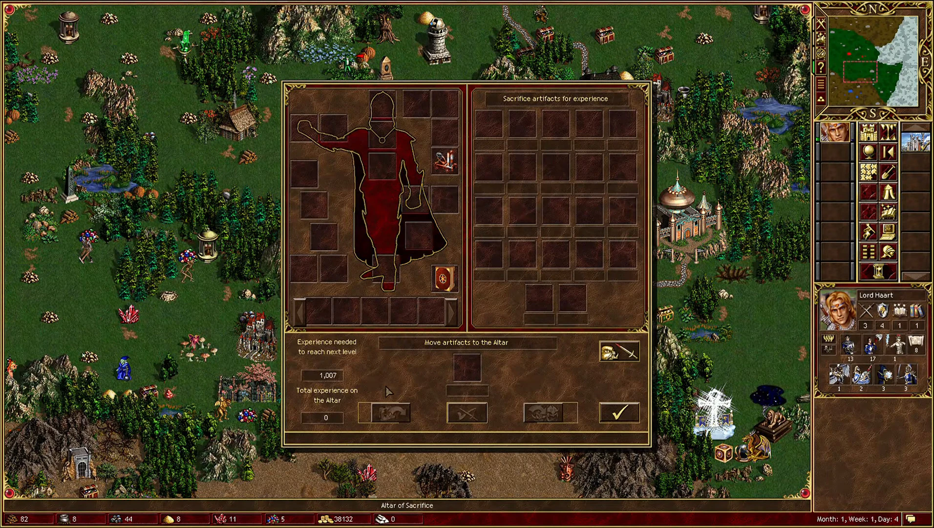Captura de pantalla de la interfaz de altar para sacrificio de experiencia en Heroes of Might and Magic III HD Edition Remaster