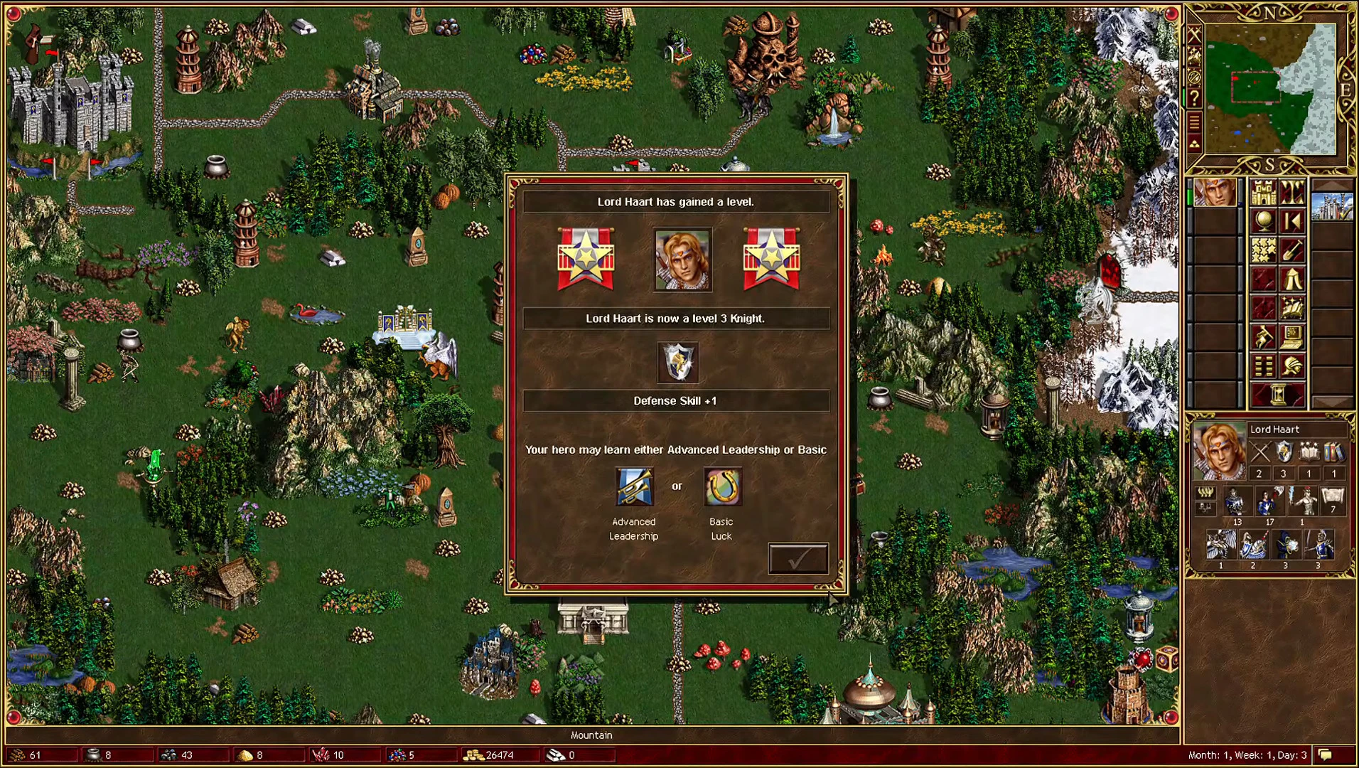 Pantalla que muestra al héroe Lord Haart subiendo a nivel 3 caballero con opciones de habilidad en Heroes of Might and Magic III HD Remaster