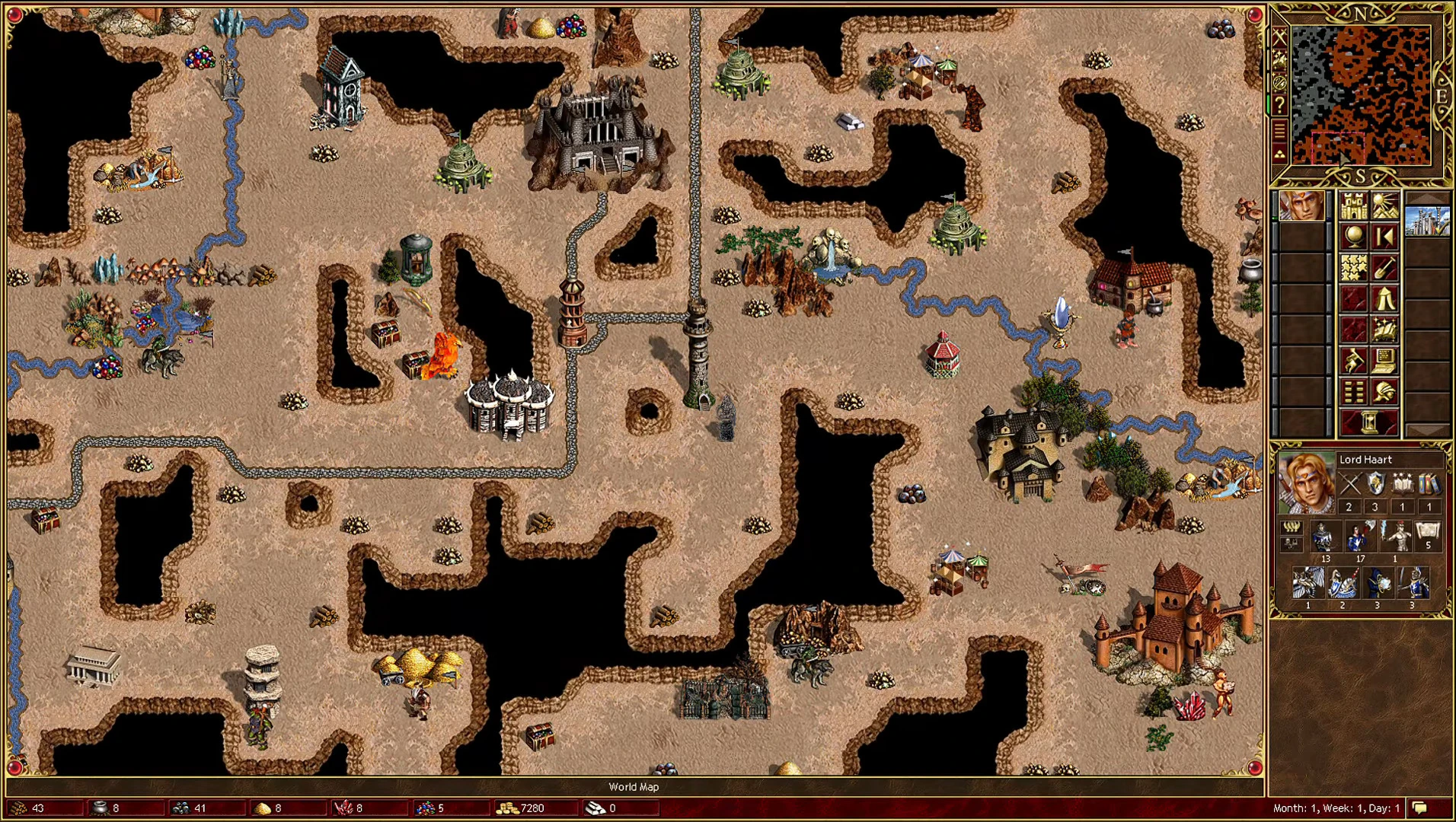 Captura de pantalla de Heroes of Might and Magic 3 HD Edition Remaster mostrando mapa desértico con estadísticas e inventario del héroe