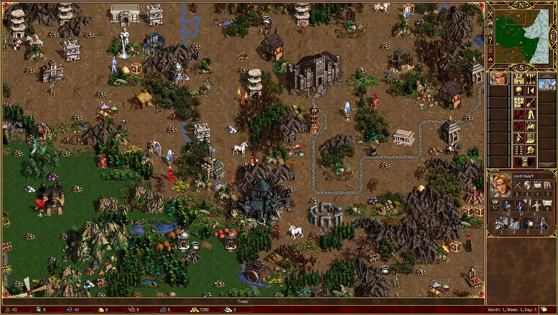 Captura de pantalla de Heroes of Might and Magic III HD Edition Remaster con mapa de aventuras y héroe Lord Haart