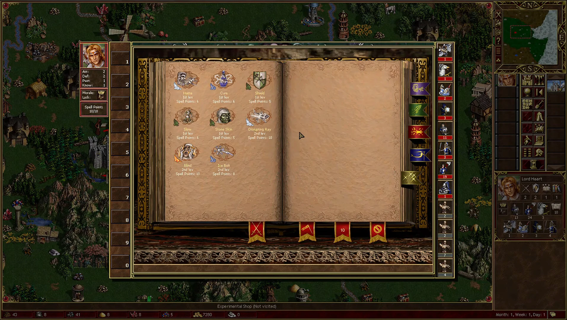 Menú abierto del libro de conjuros mostrando hechizos de primer y segundo nivel y estadísticas del héroe en HoMM 3 HD Remaster