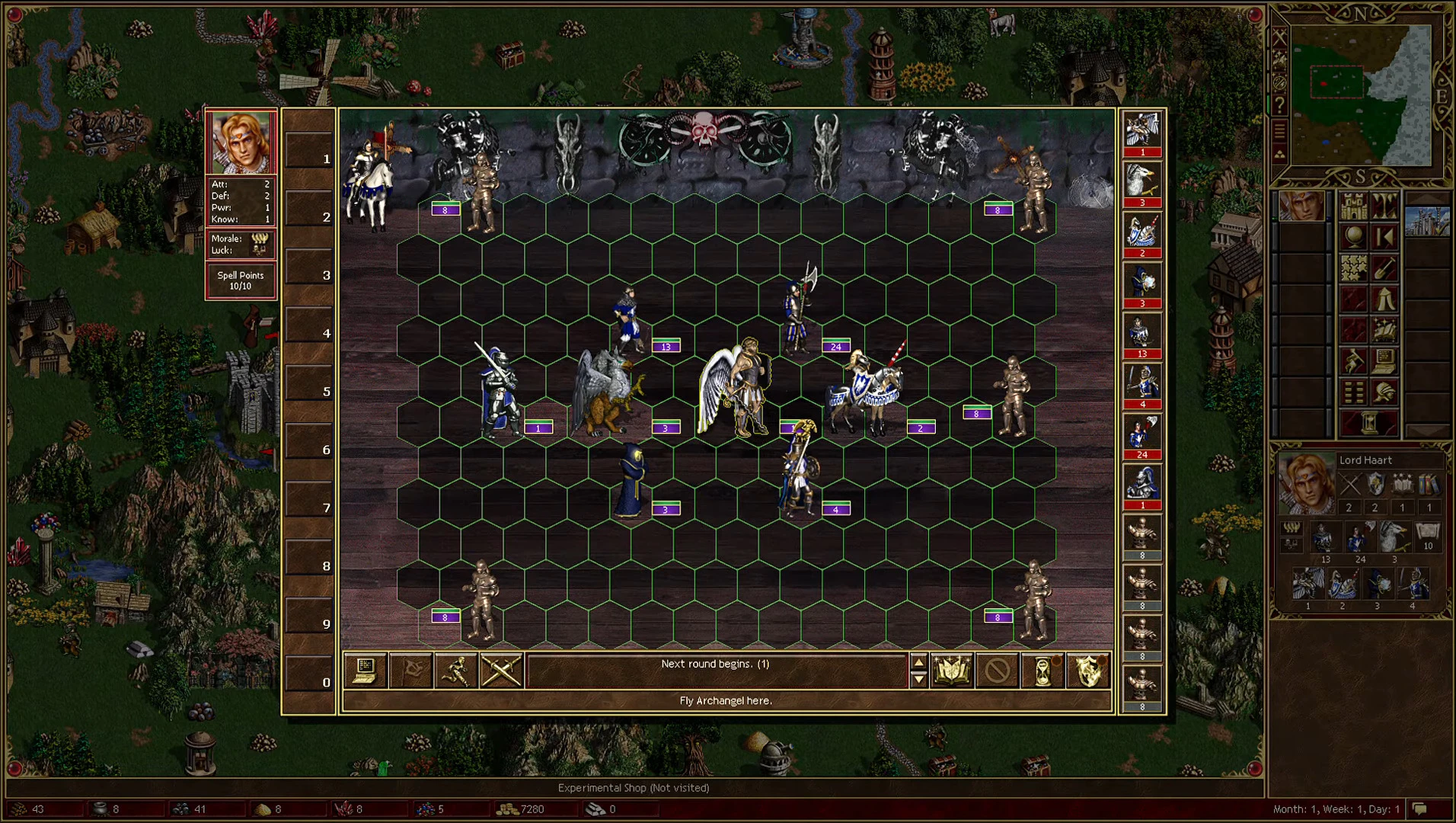 Captura de combate por turnos en Heroes of Might and Magic III edición HD Remaster con héroes y unidades en tablero hexagonal