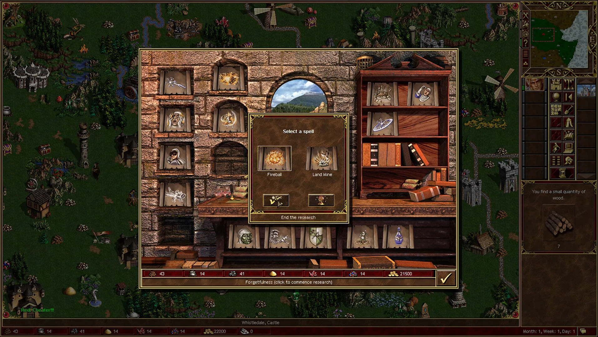 Captura de pantalla del juego mostrando la interfaz de investigación de hechizos con opciones Bola de Fuego y Mina Terrestre en Heroes of Might and Magic III HD